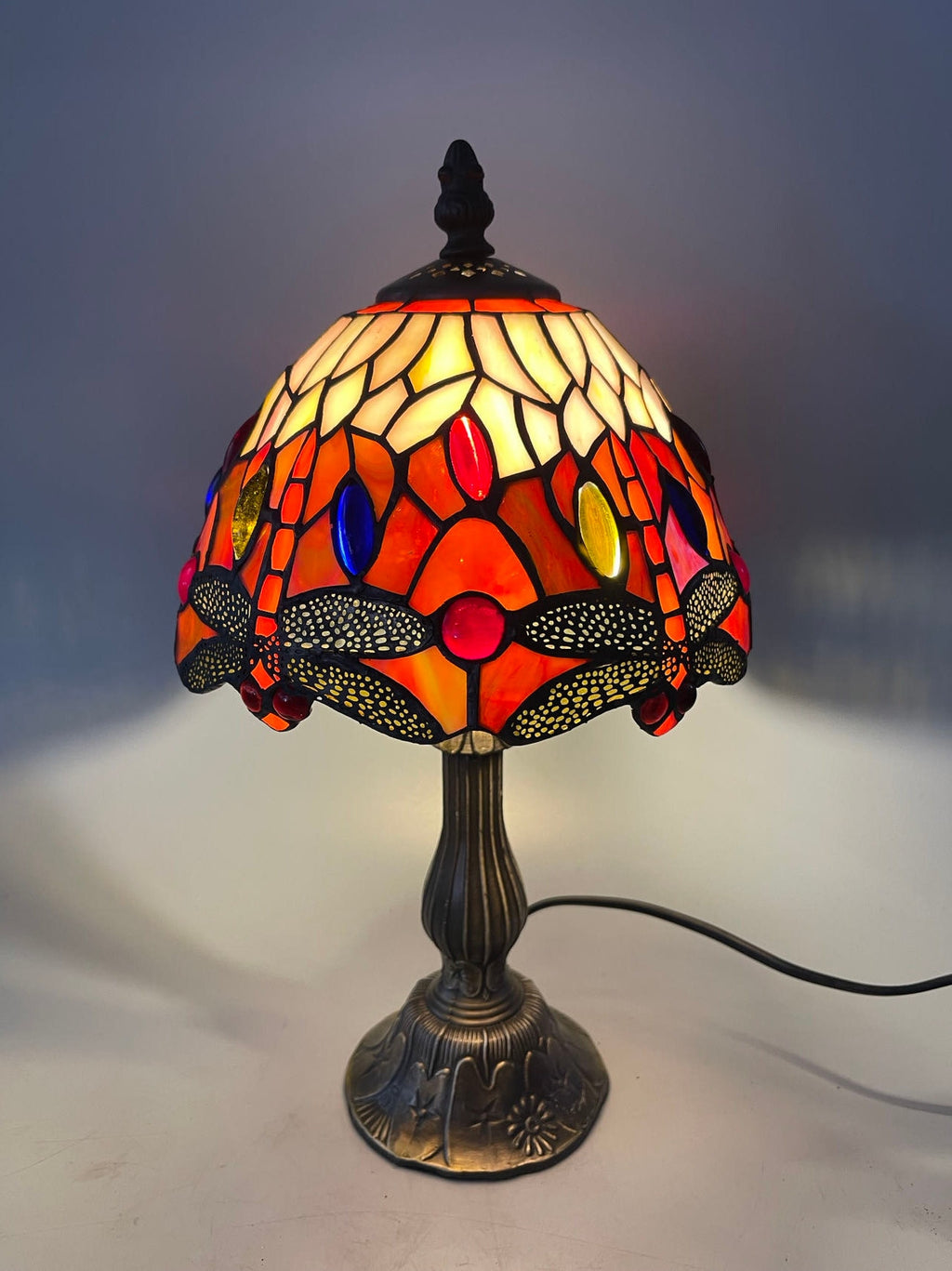 U2Antique Dragonfly Tiffany Table Lamp Stained Glass 8in