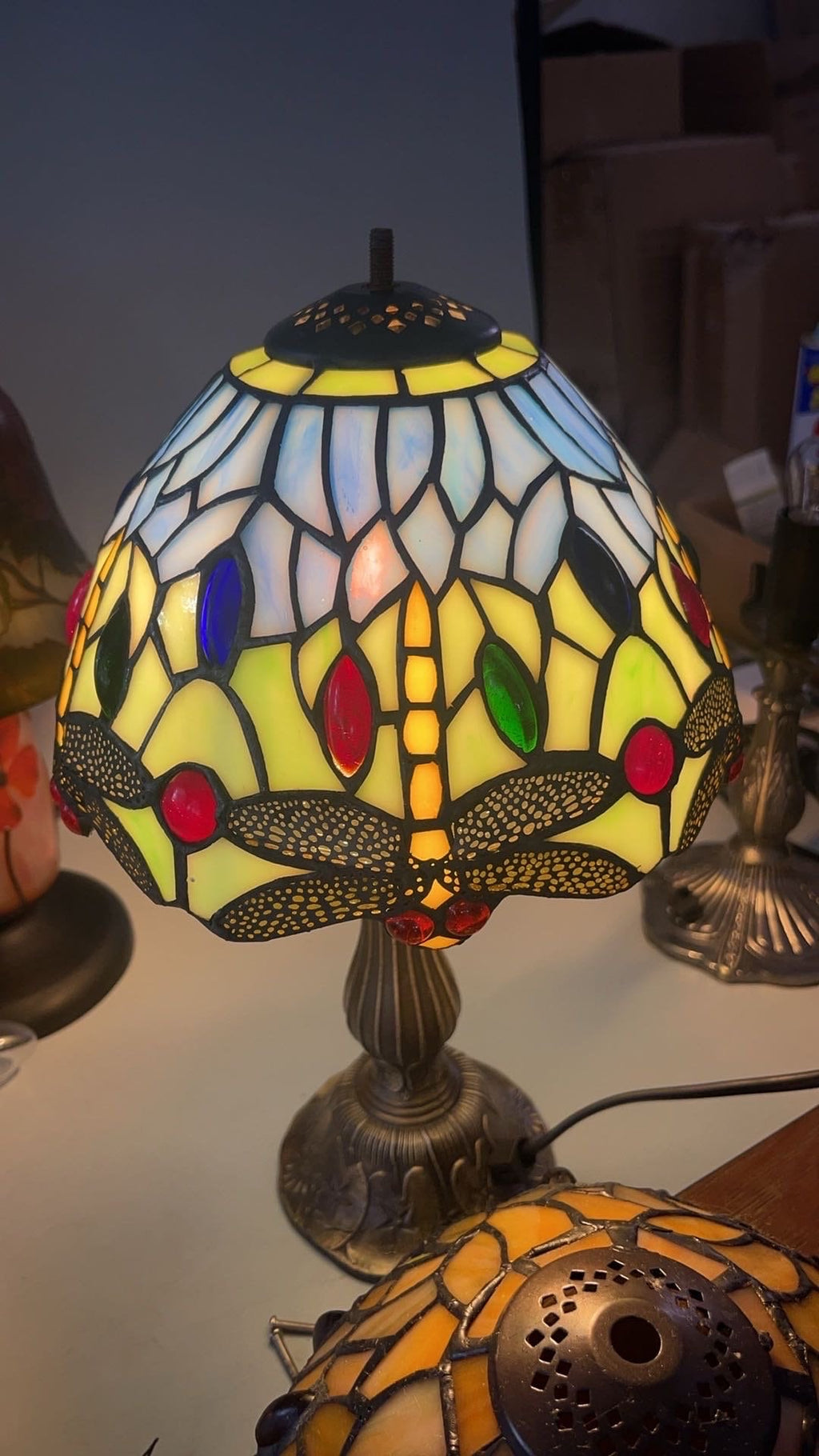 U2Antique Dragonfly Tiffany Table Lamp Stained Glass 8in