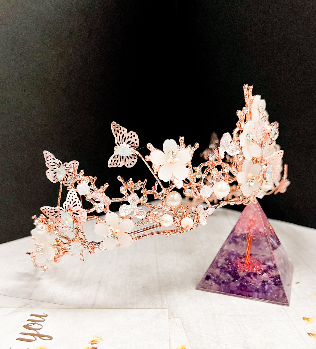 HappyJewelryWorld Rose Gold Tiara With Butterfly and Crystal