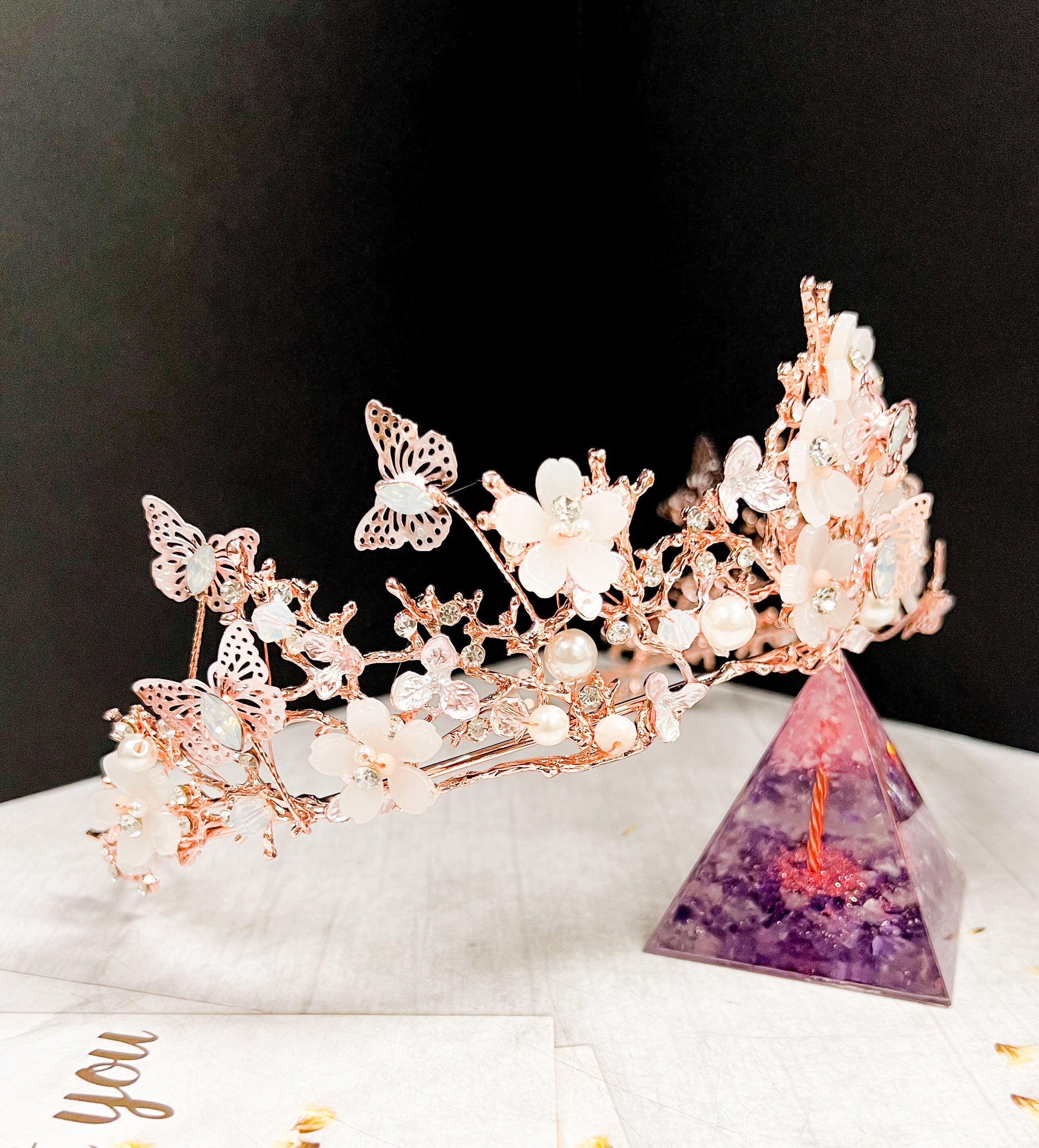 HappyJewelryWorld Rose Gold Tiara With Butterfly and Crystal