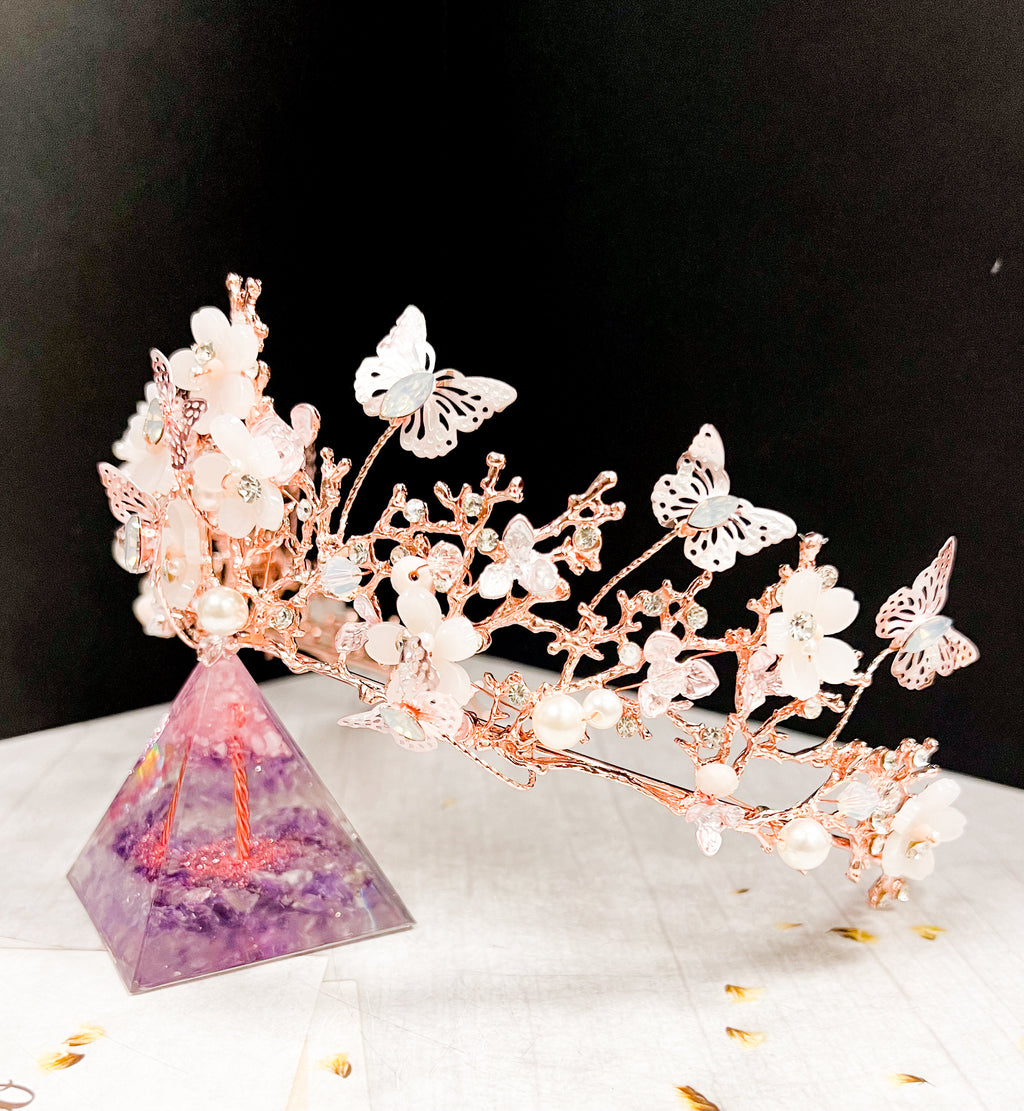 HappyJewelryWorld Rose Gold Tiara With Butterfly and Crystal
