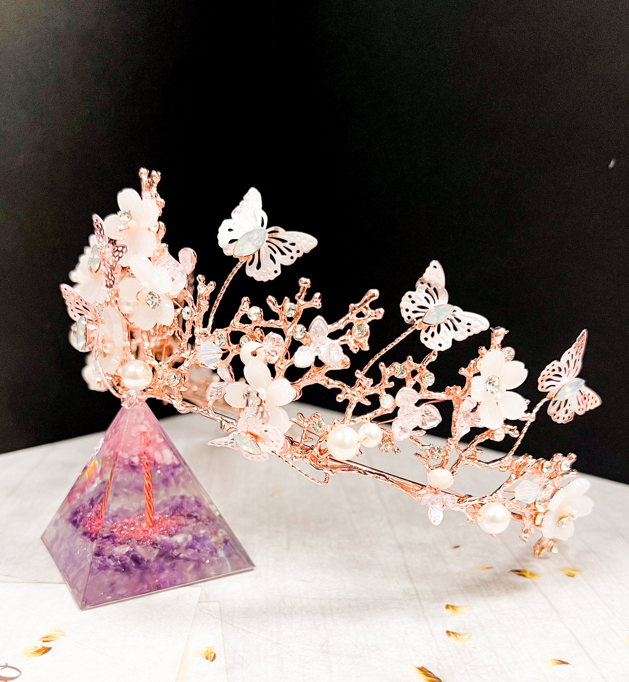 HappyJewelryWorld Rose Gold Tiara With Butterfly and Crystal