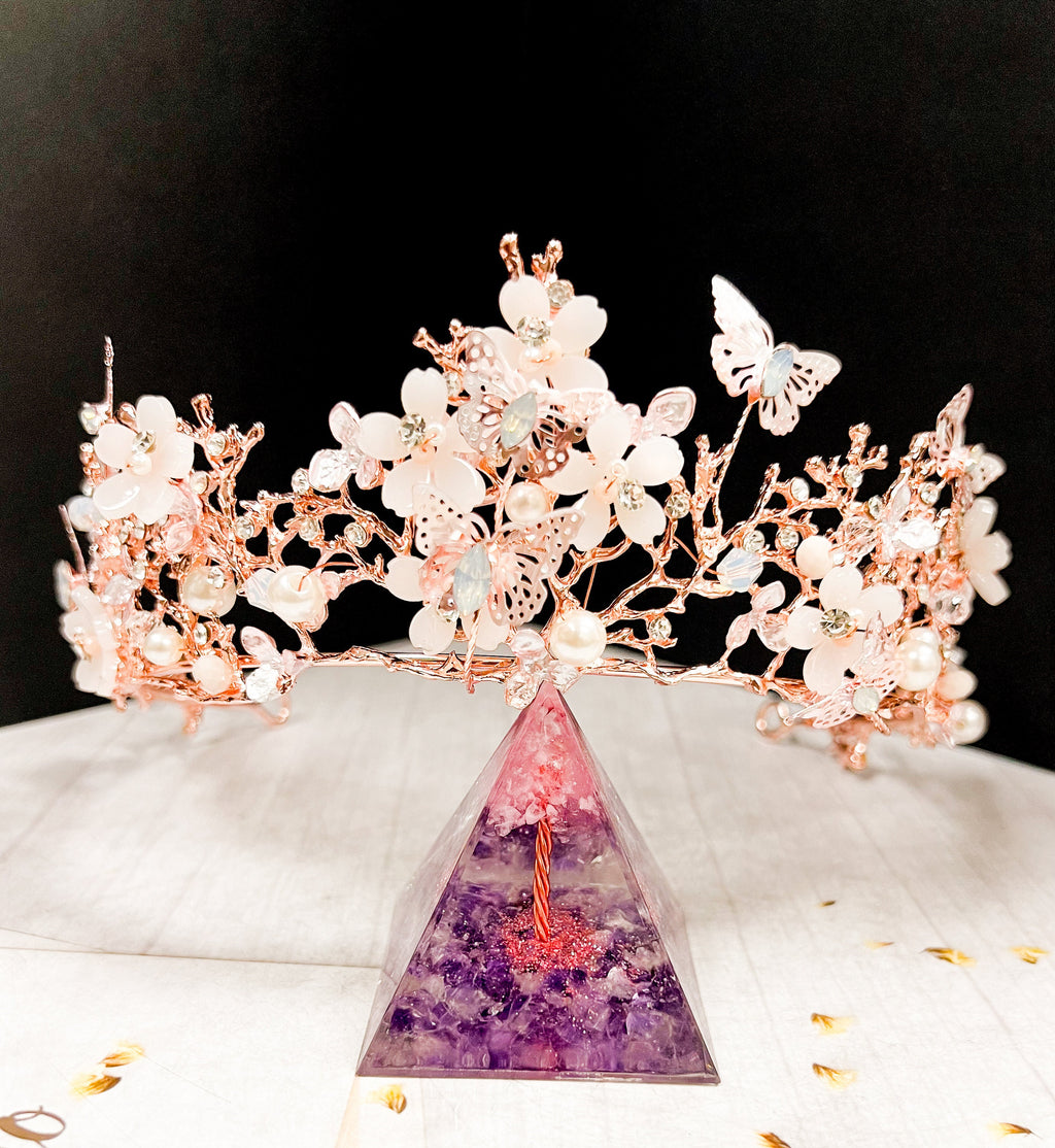 HappyJewelryWorld Rose Gold Tiara With Butterfly and Crystal