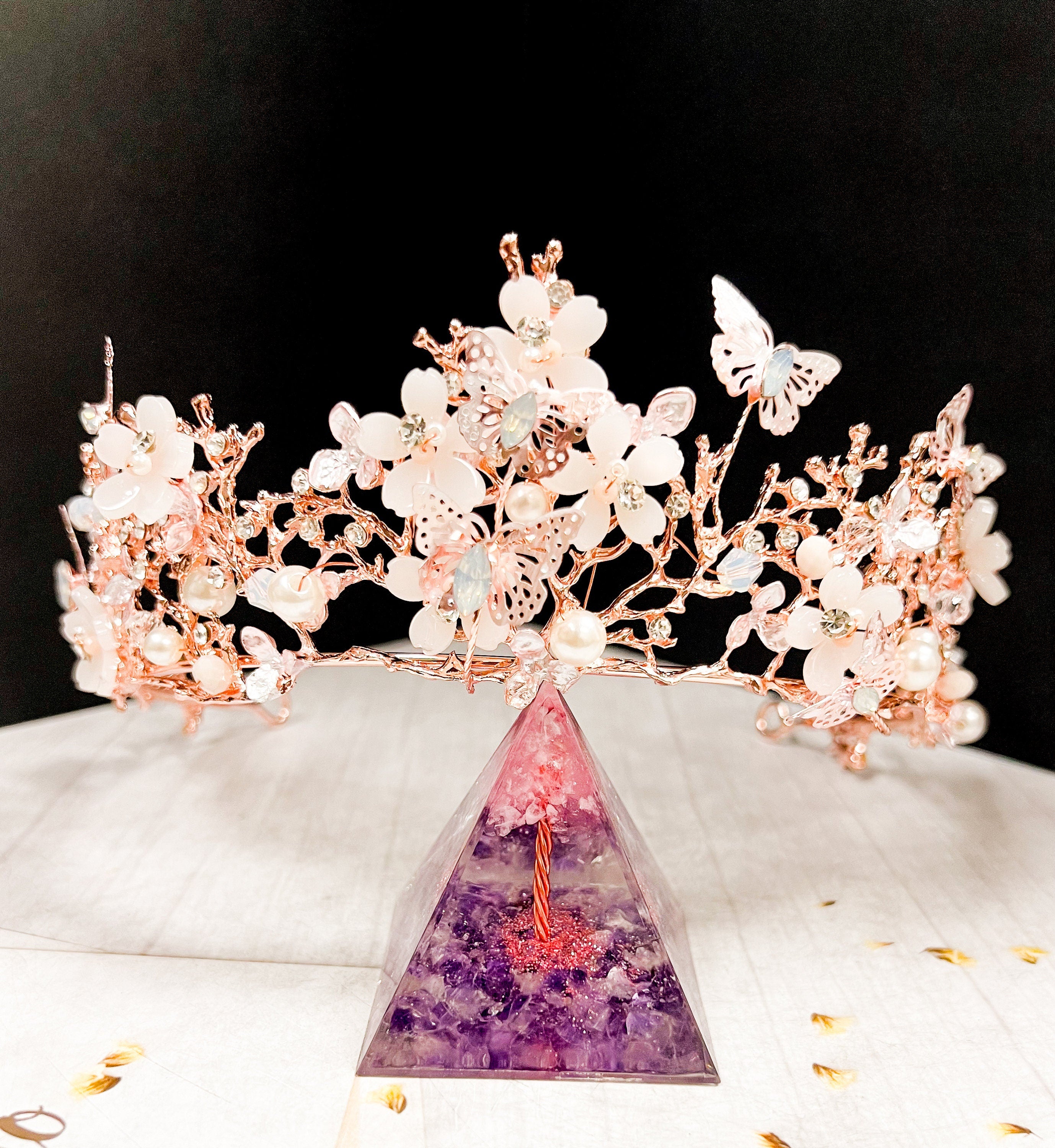 HappyJewelryWorld Rose Gold Tiara With Butterfly and Crystal