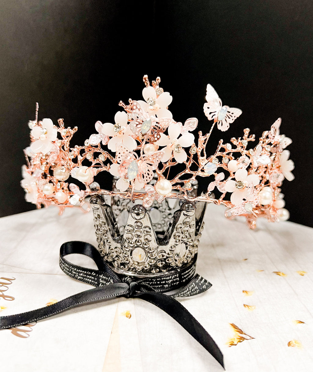 HappyJewelryWorld Rose Gold Tiara With Butterfly and Crystal