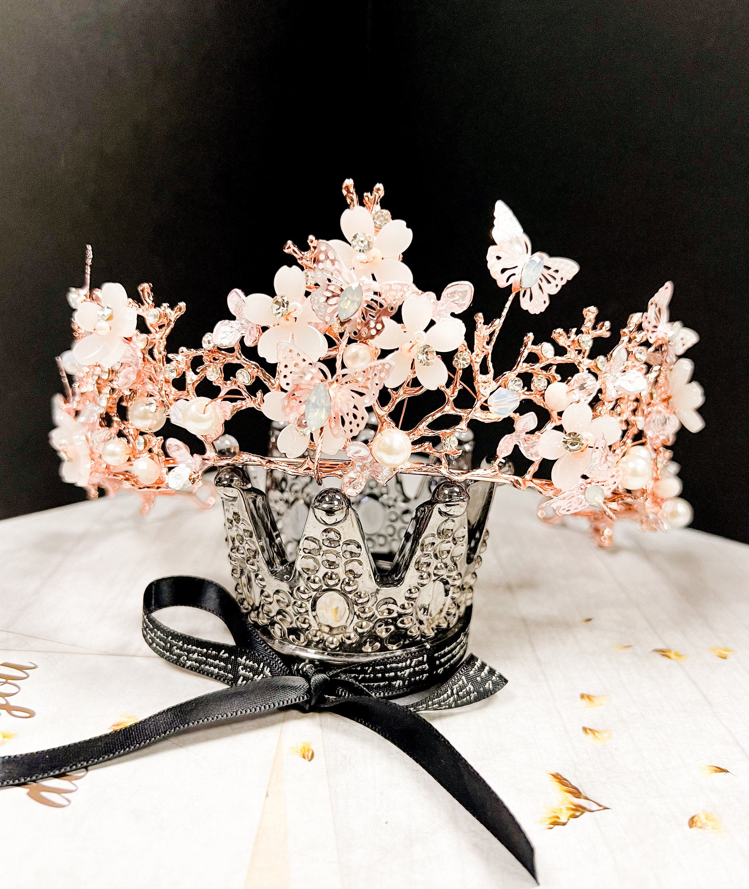 HappyJewelryWorld Rose Gold Tiara With Butterfly and Crystal