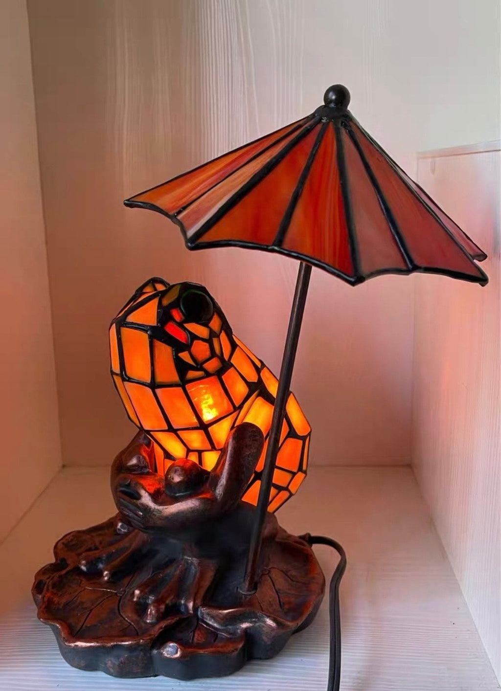 U2Antique Frog Umbrella Tiffany Table Lamp Stained Glass 11in