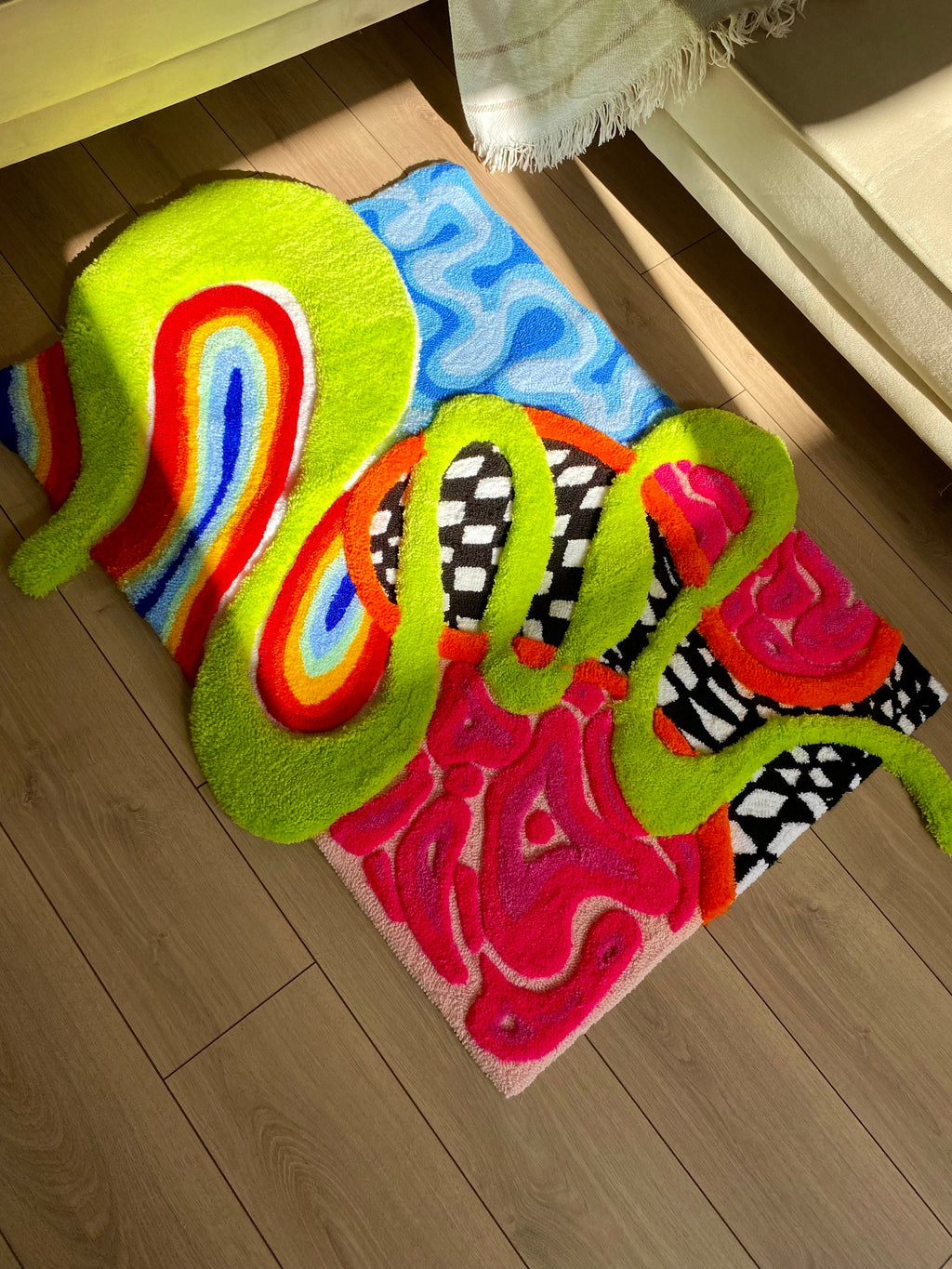 OrnnWorks 3D Alice Fluffy Checkered Rainbow Handmade Tufted Rug