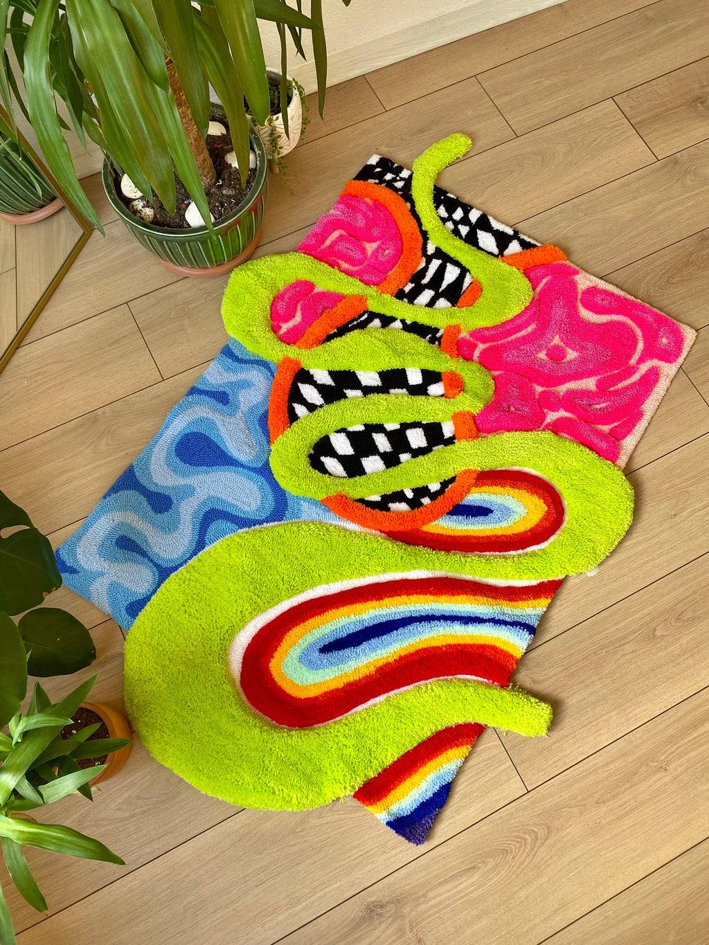 OrnnWorks 3D Alice Fluffy Checkered Rainbow Handmade Tufted Rug