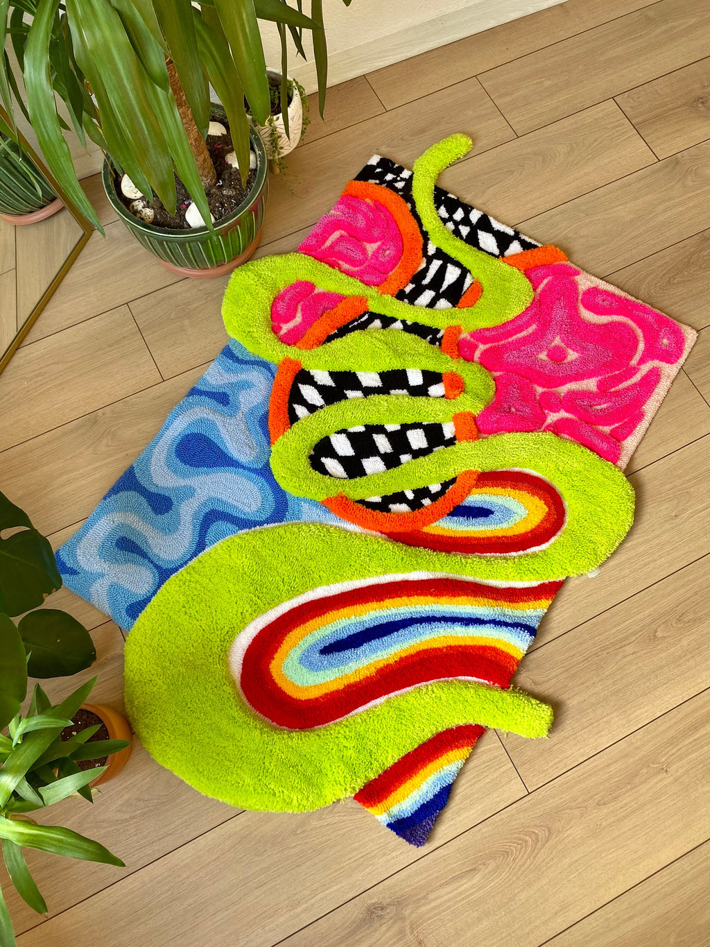 OrnnWorks 3D 'Alice' Fluffy Checkered Rainbow Handmade Tufted Rug