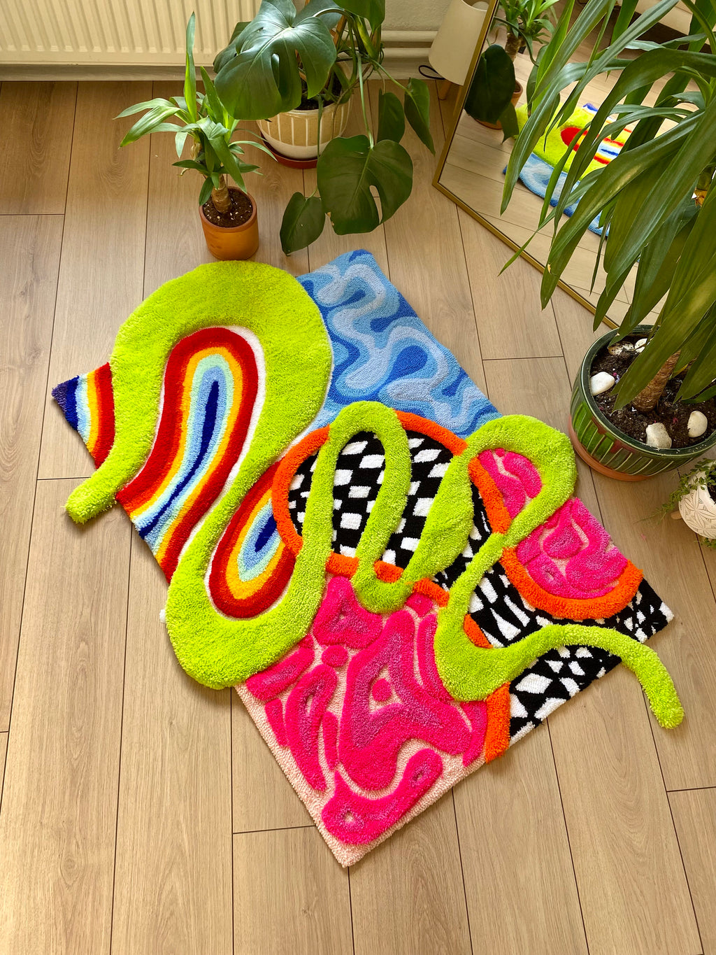 OrnnWorks 3D Alice Fluffy Checkered Rainbow Handmade Tufted Rug