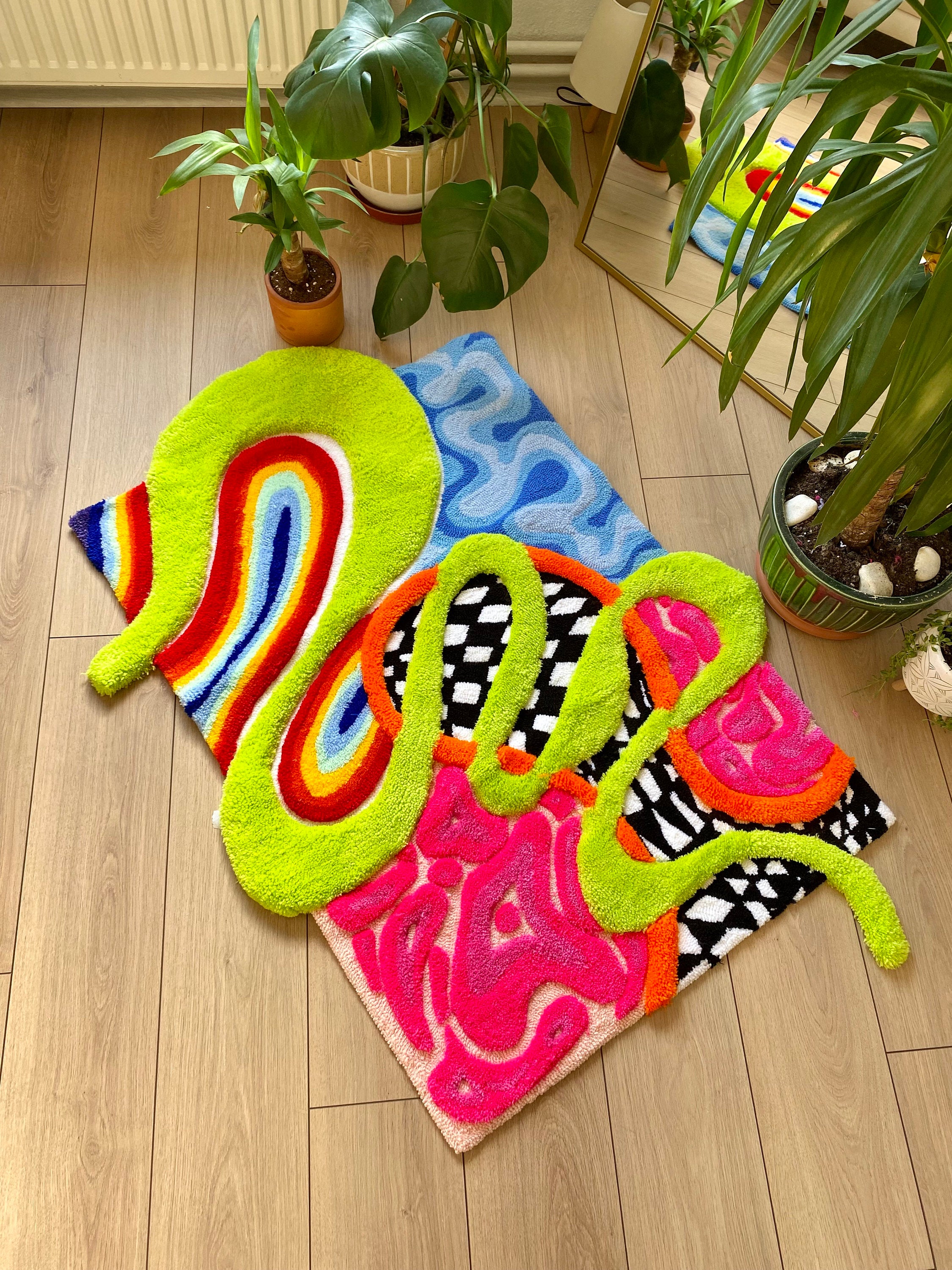 OrnnWorks 3D Alice Fluffy Checkered Rainbow Handmade Tufted Rug