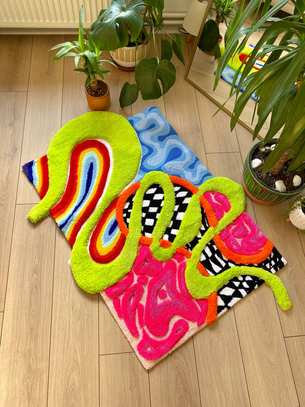 3D 'Alice' Fluffy Checkered Rainbow Handmade Tufted Rug