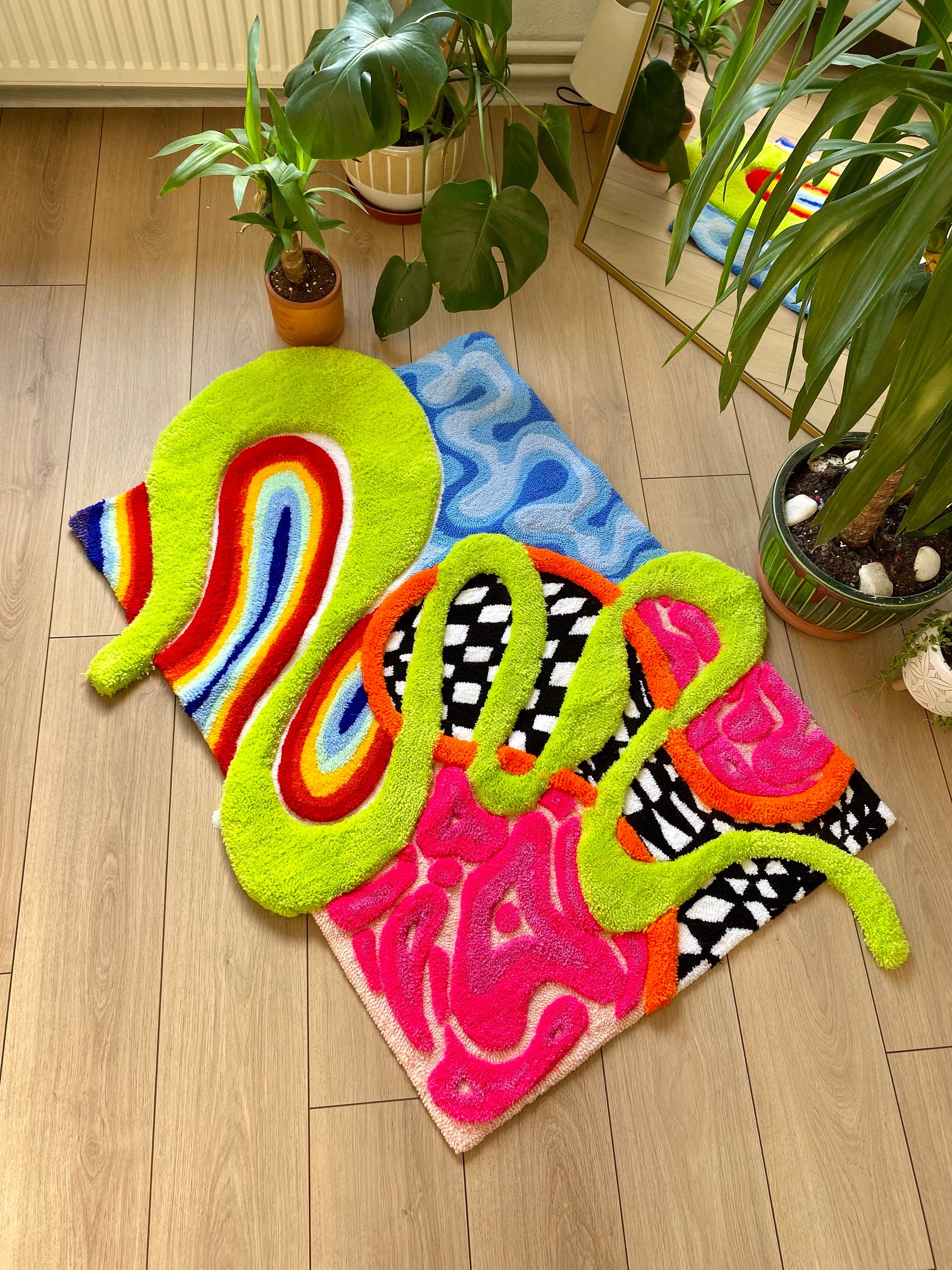 OrnnWorks 3D 'Alice' Fluffy Checkered Rainbow Handmade Tufted Rug
