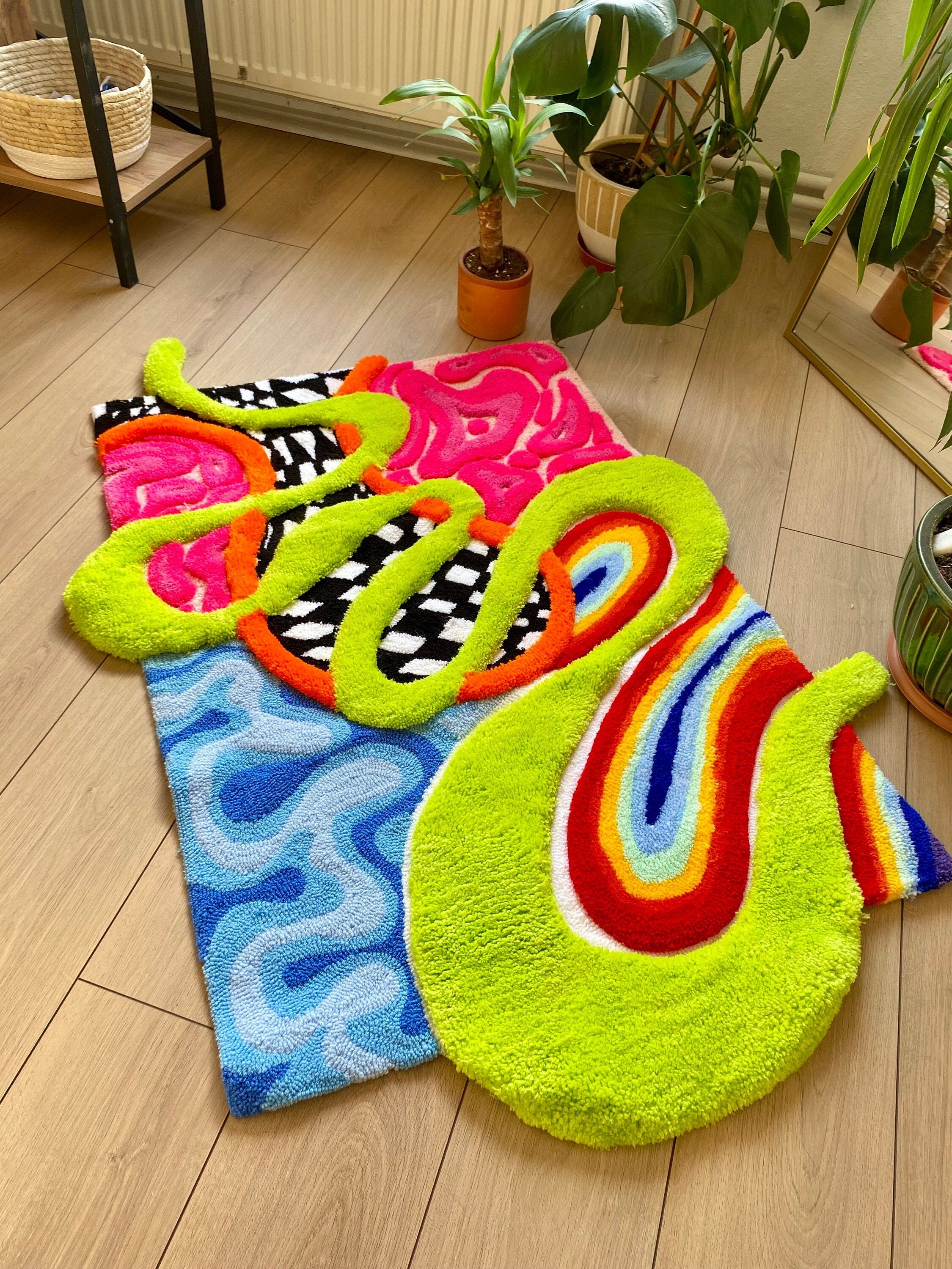 OrnnWorks 3D 'Alice' Fluffy Checkered Rainbow Handmade Tufted Rug