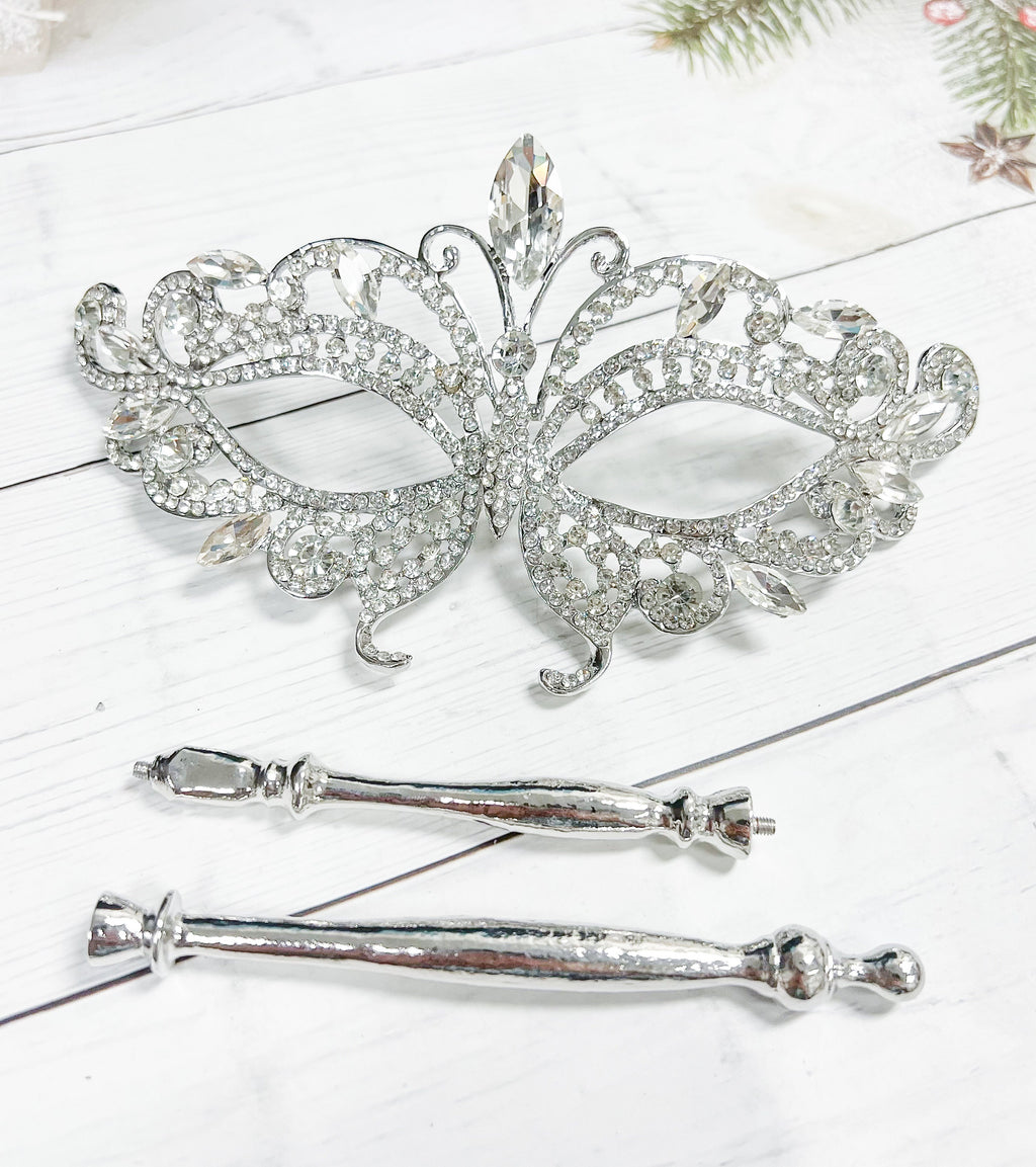 HappyJewelryWorld Butterfly Crystal Masquerade Mask with Silver Stick