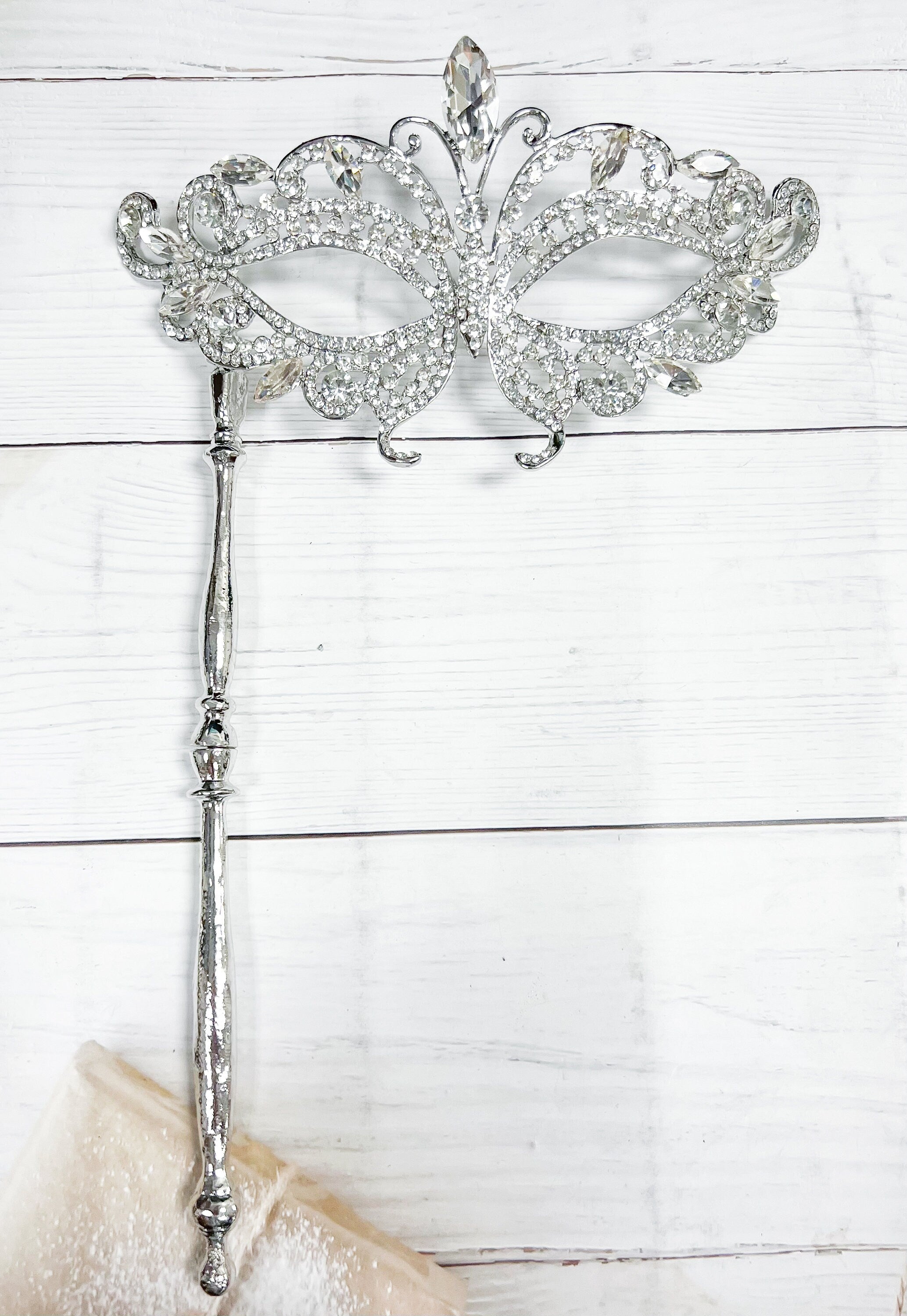 HappyJewelryWorld Butterfly Crystal Masquerade Mask with Silver Stick