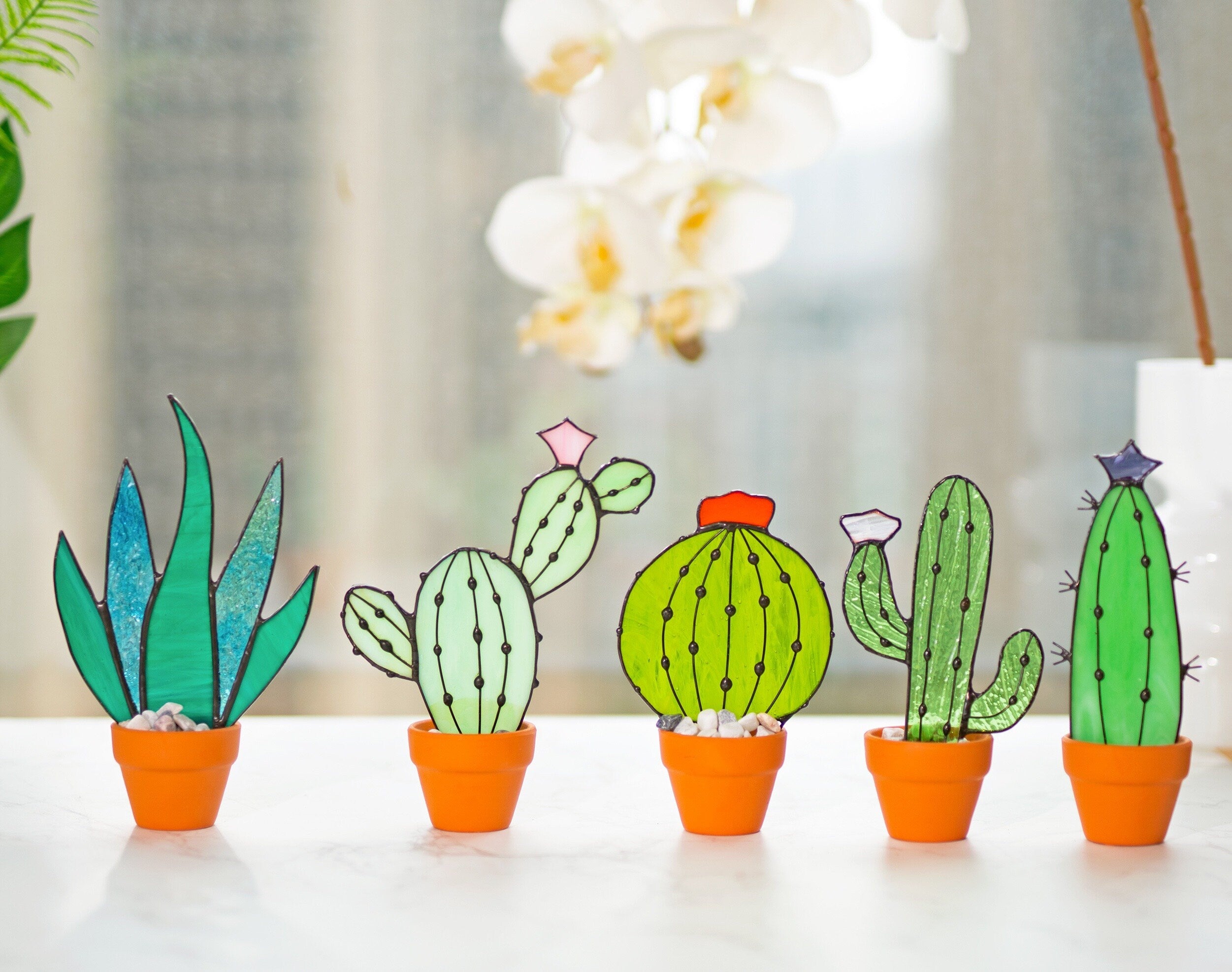 RainLine Handmade Stained Glass Cactus Suncatcher Succulent Plant with Pot