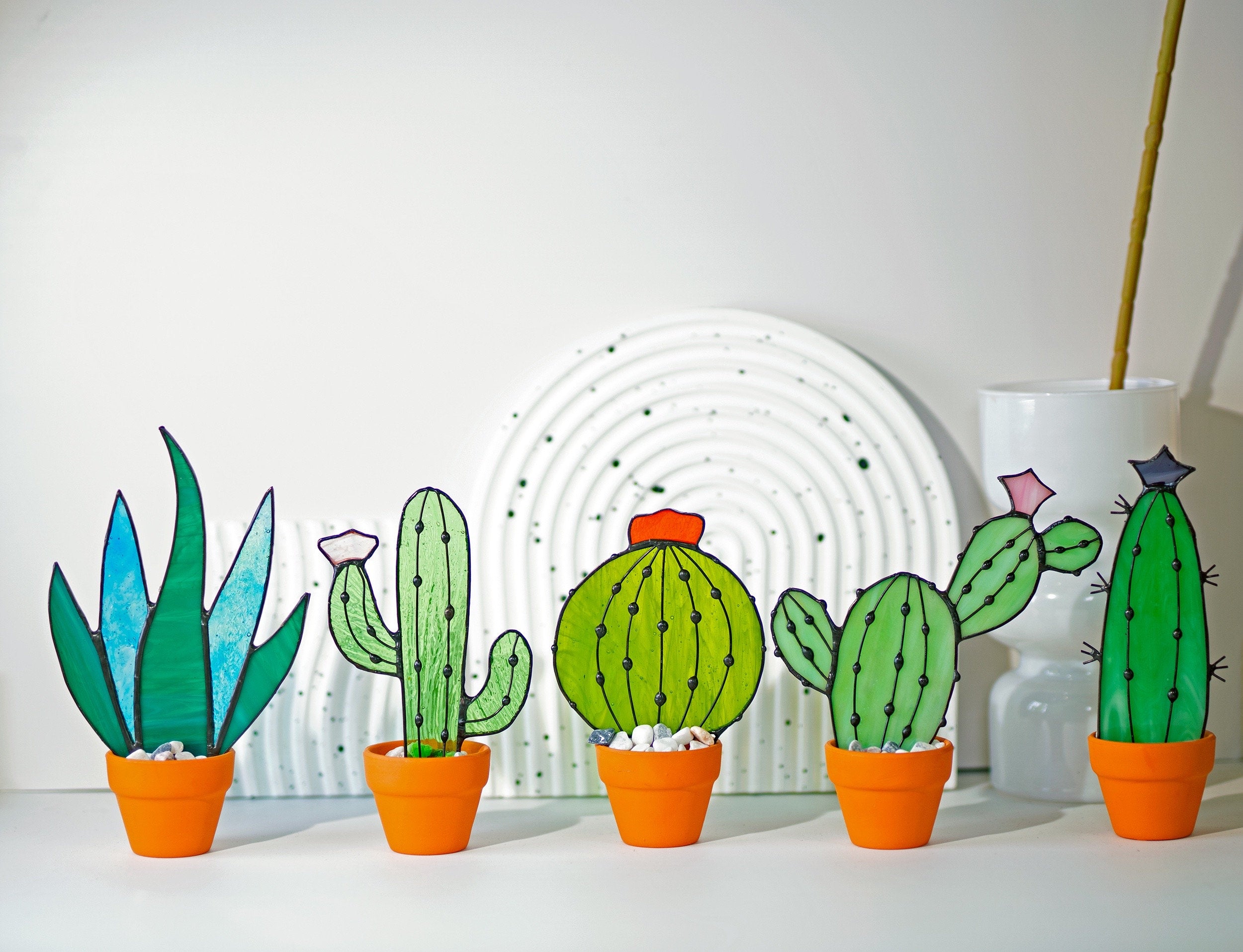 RainLine Handmade Stained Glass Cactus Suncatcher Succulent Plant with Pot