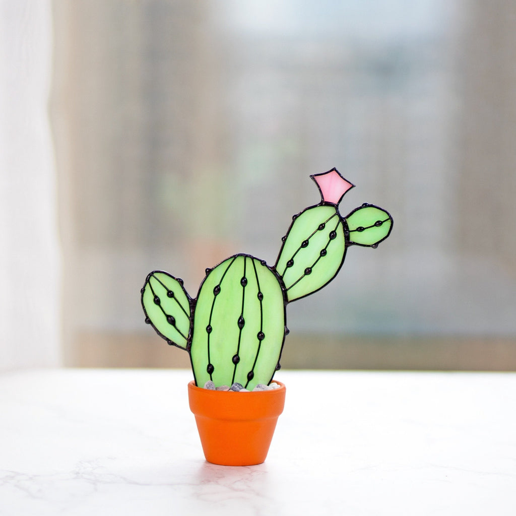 RainLine Handmade Stained Glass Cactus Suncatcher Succulent Decor