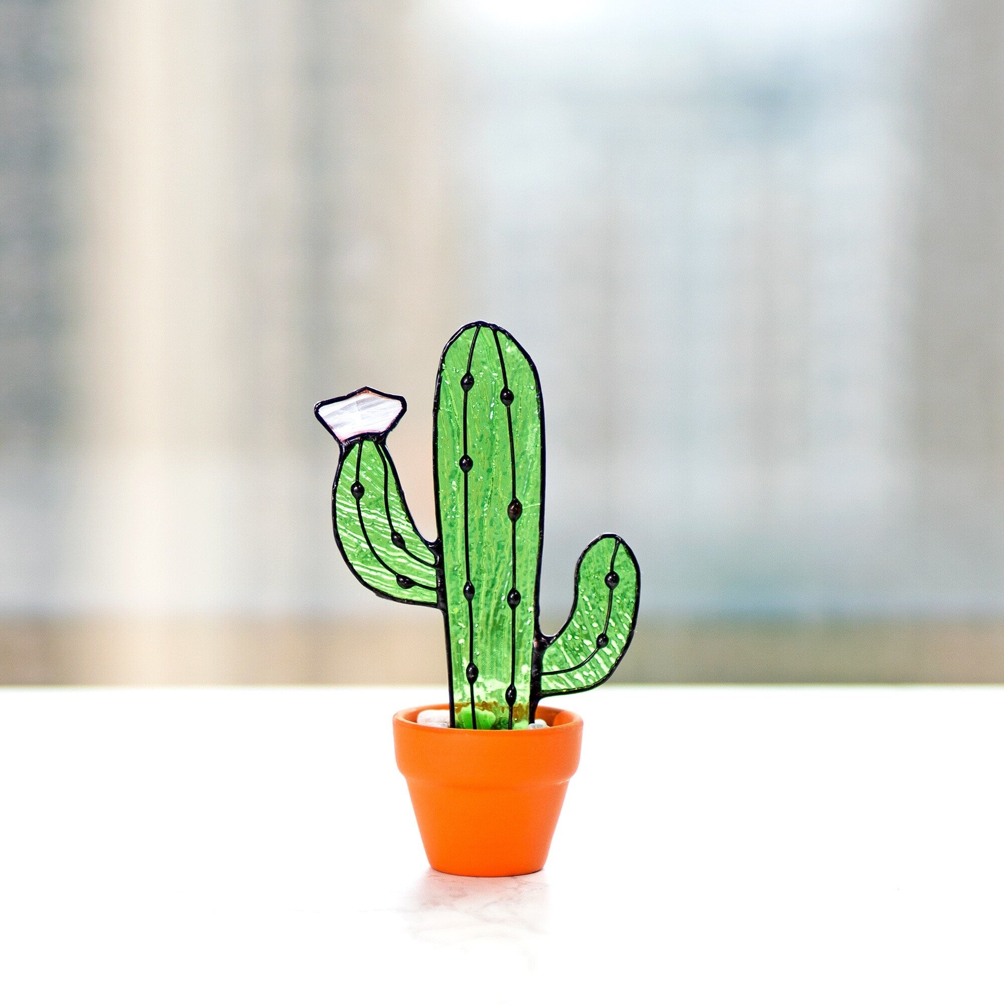 RainLine Stained Glass Cactus Suncatcher Handmade Succulent Decor