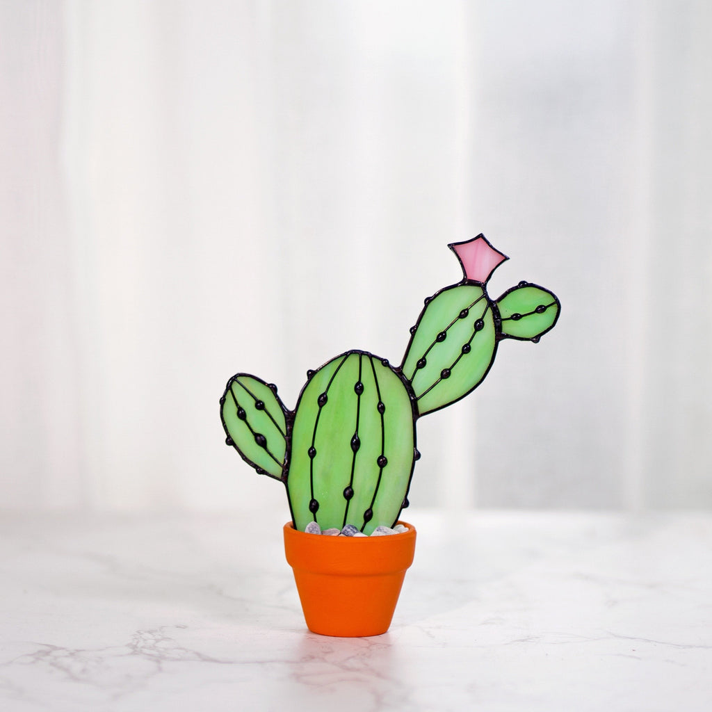 RainLine Stained Glass Cactus Suncatcher Artificial Plant Decor