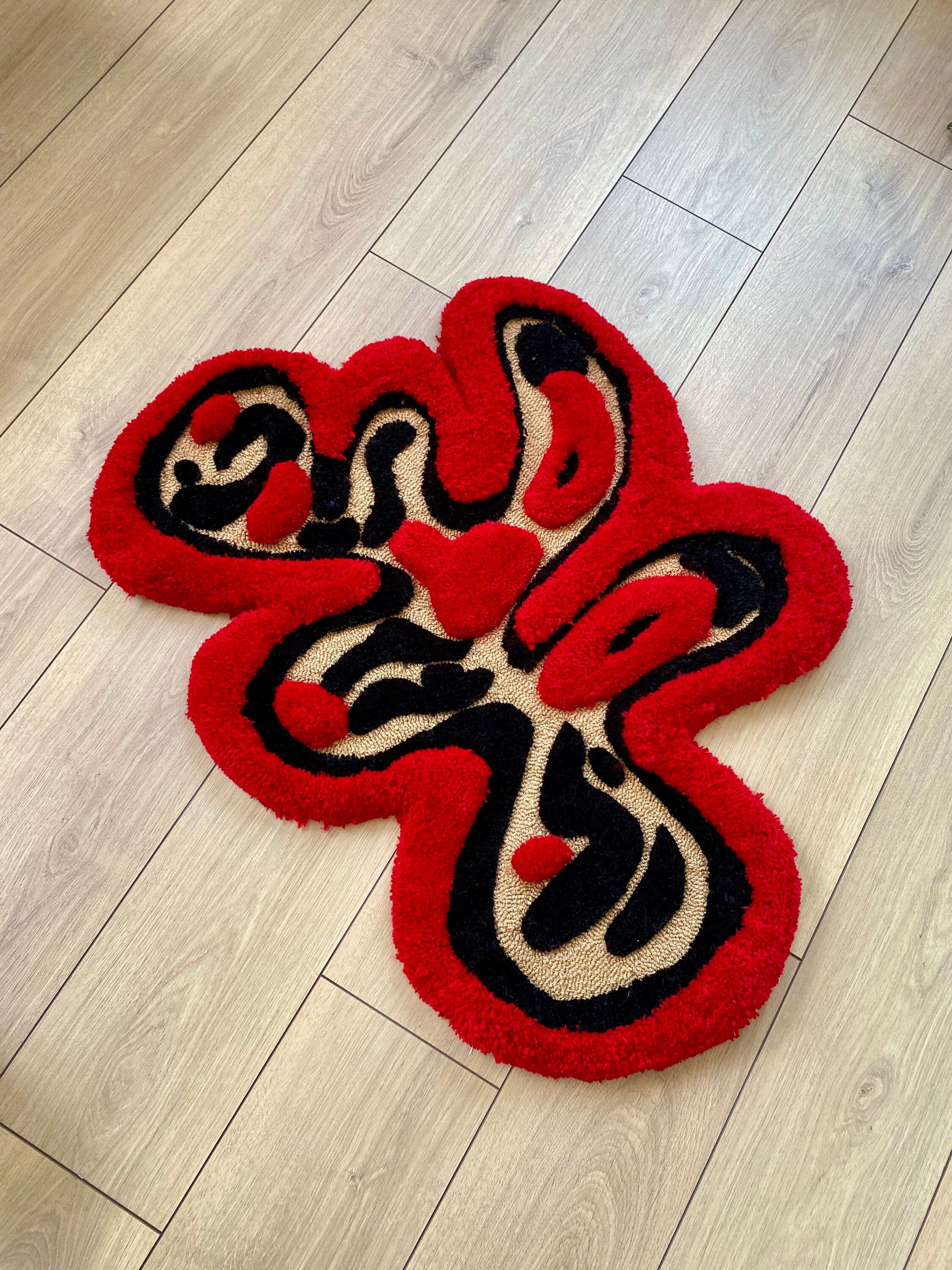 OrnnWorks Abstract 3D Red & Black Fluffy Handmade Tufted Rug