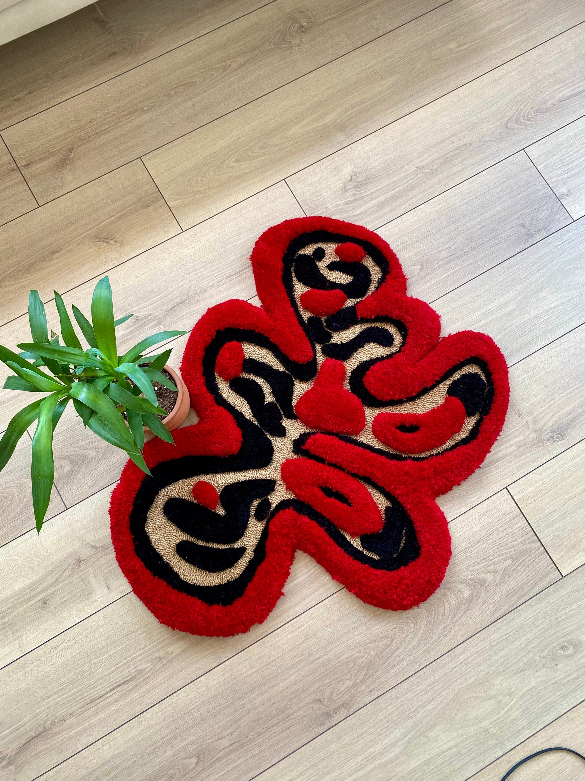 OrnnWorks Abstract 3D Red & Black Fluffy Handmade Tufted Rug