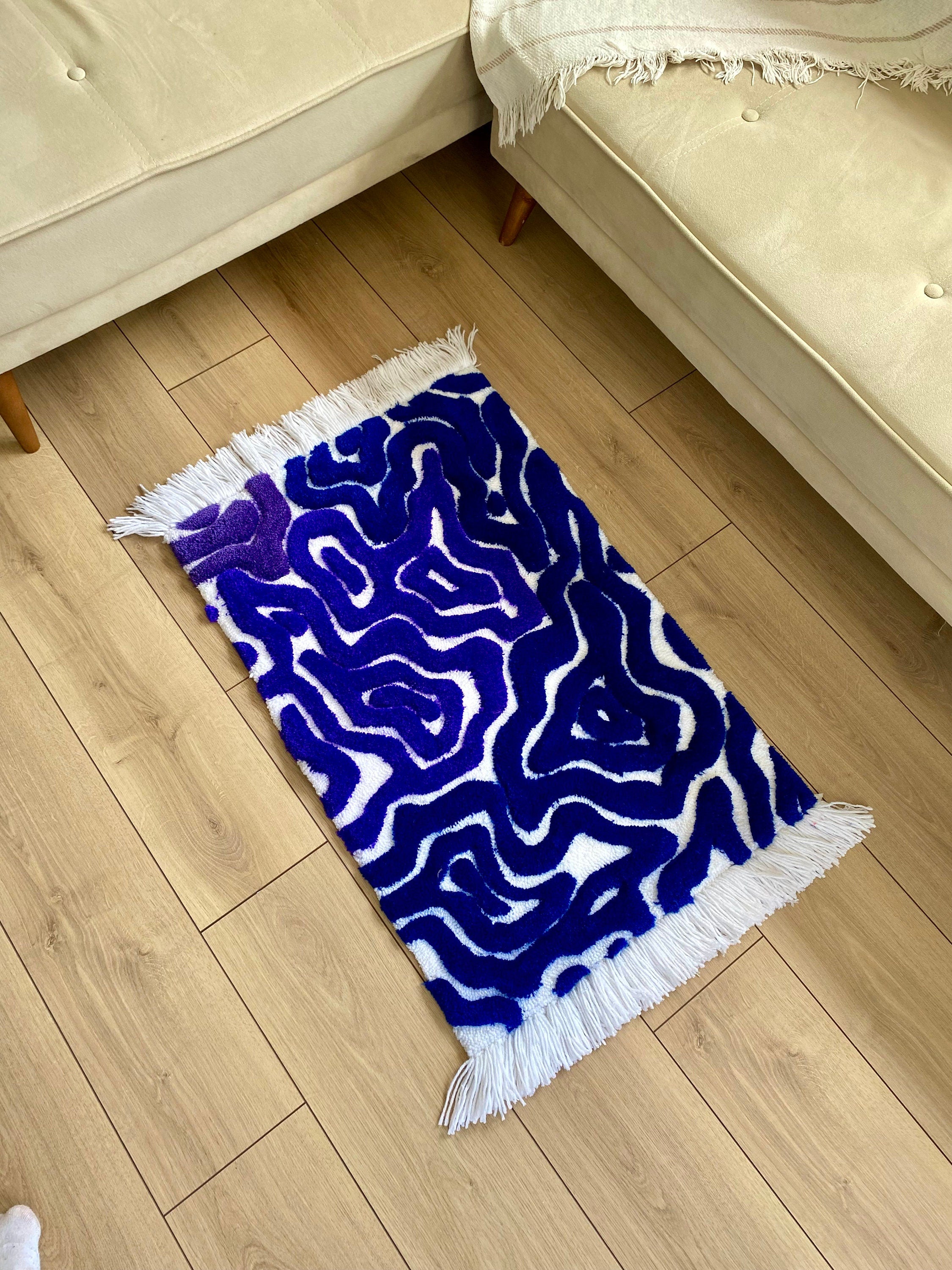 OrnnWorks Abstract Dark Blue Purple Fringed 3D Fluffy Tufted Rug