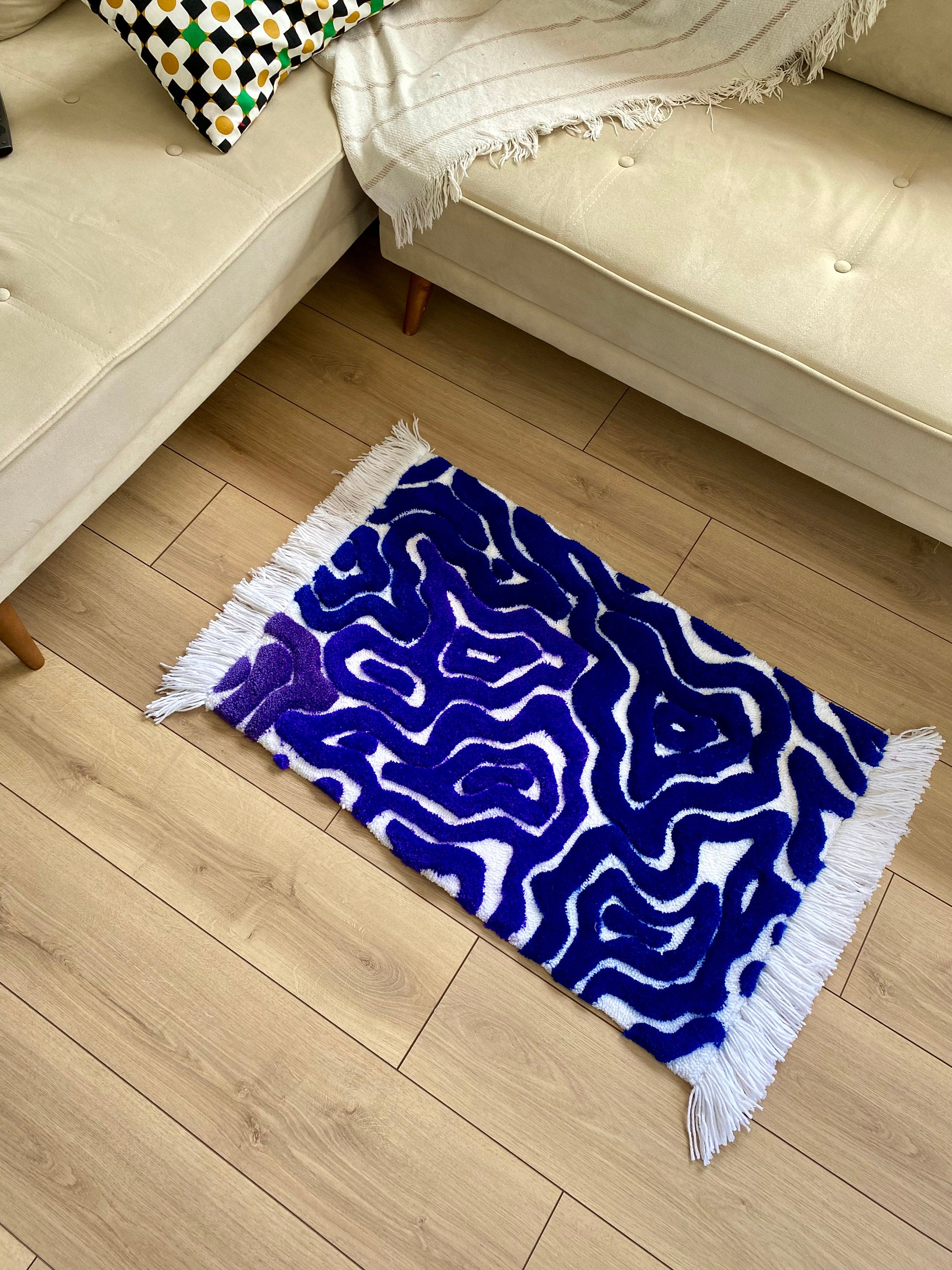 OrnnWorks Abstract Dark Blue Purple Fringed 3D Fluffy Tufted Rug