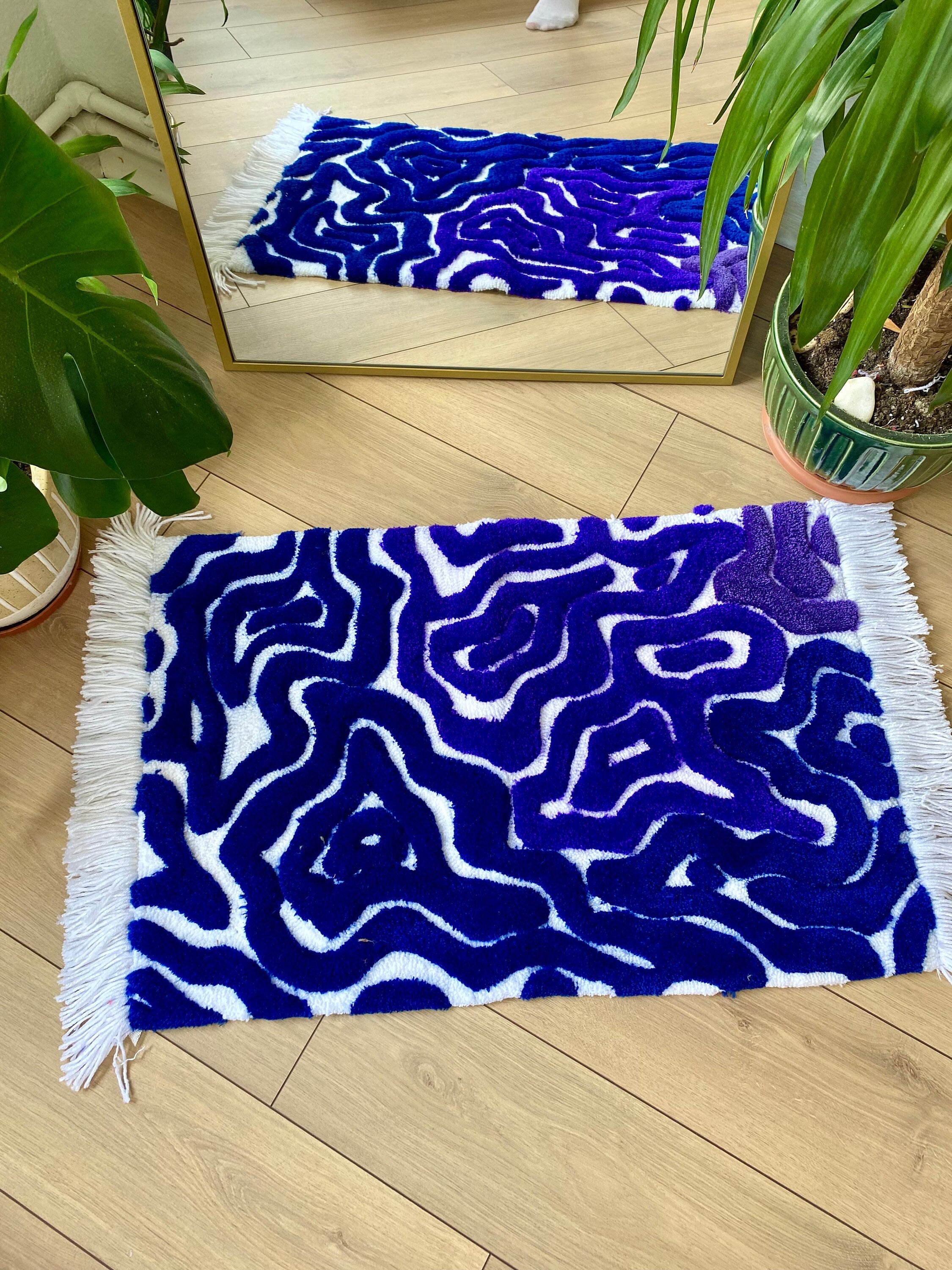 OrnnWorks Abstract Dark Blue Purple Fringed 3D Fluffy Tufted Rug