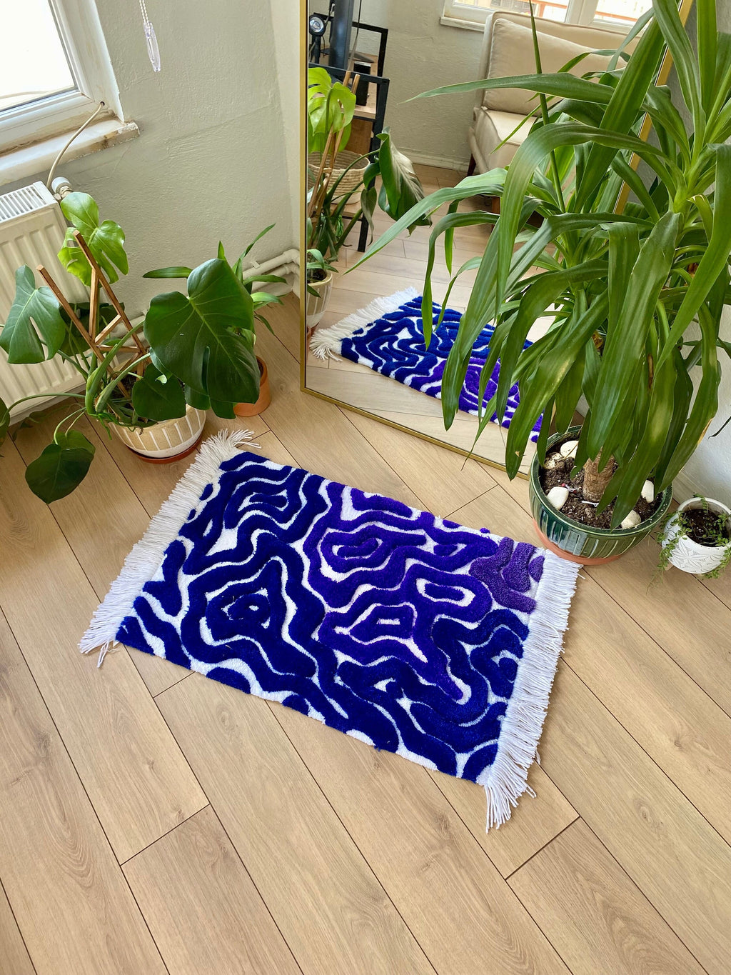 OrnnWorks Abstract Dark Blue Purple Fringed 3D Fluffy Tufted Rug