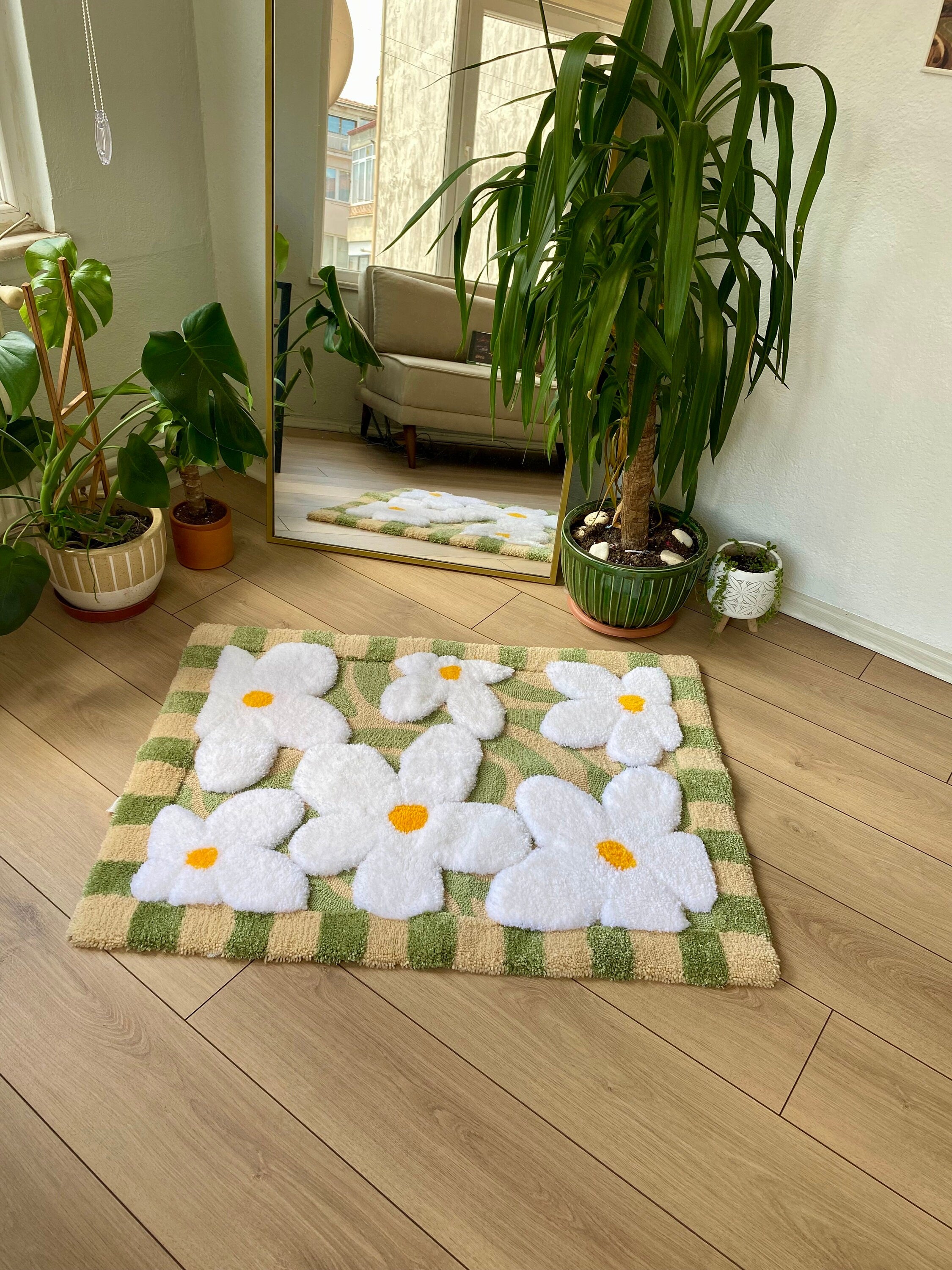 Abstract 3D Checkered Daisy Fluffy Handmade Tufted Rug
