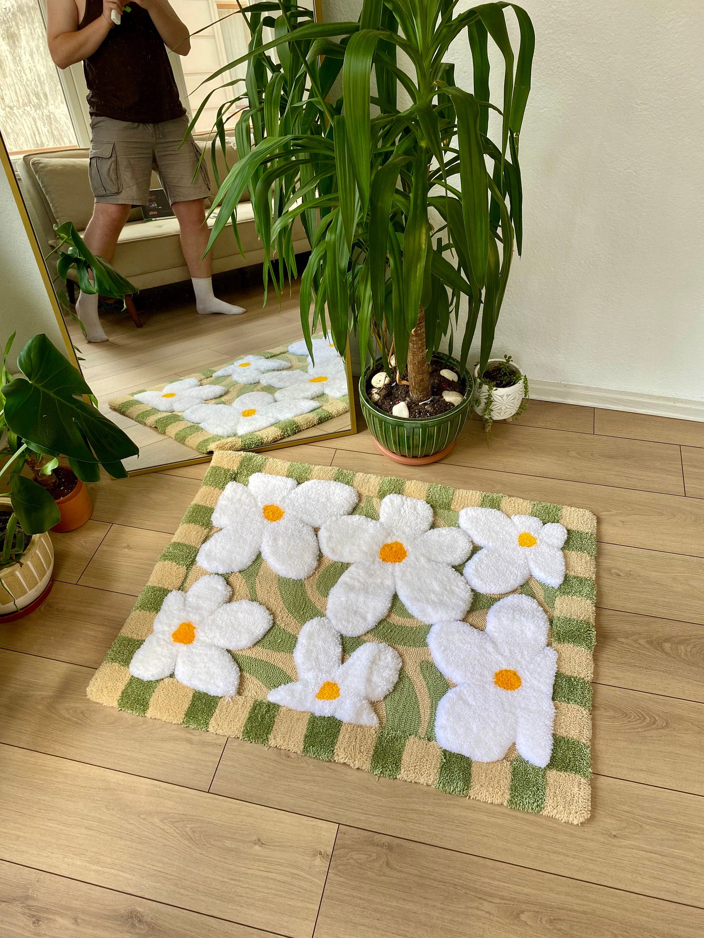 Abstract 3D Checkered Daisy Fluffy Handmade Tufted Rug