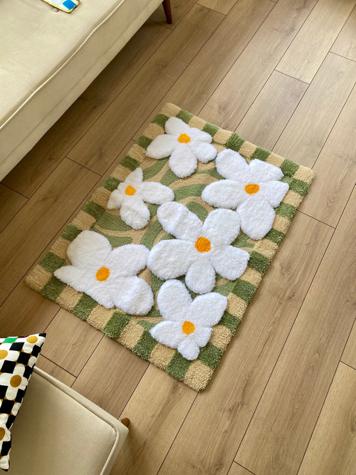 Abstract 3D Checkered Daisy Fluffy Handmade Tufted Rug