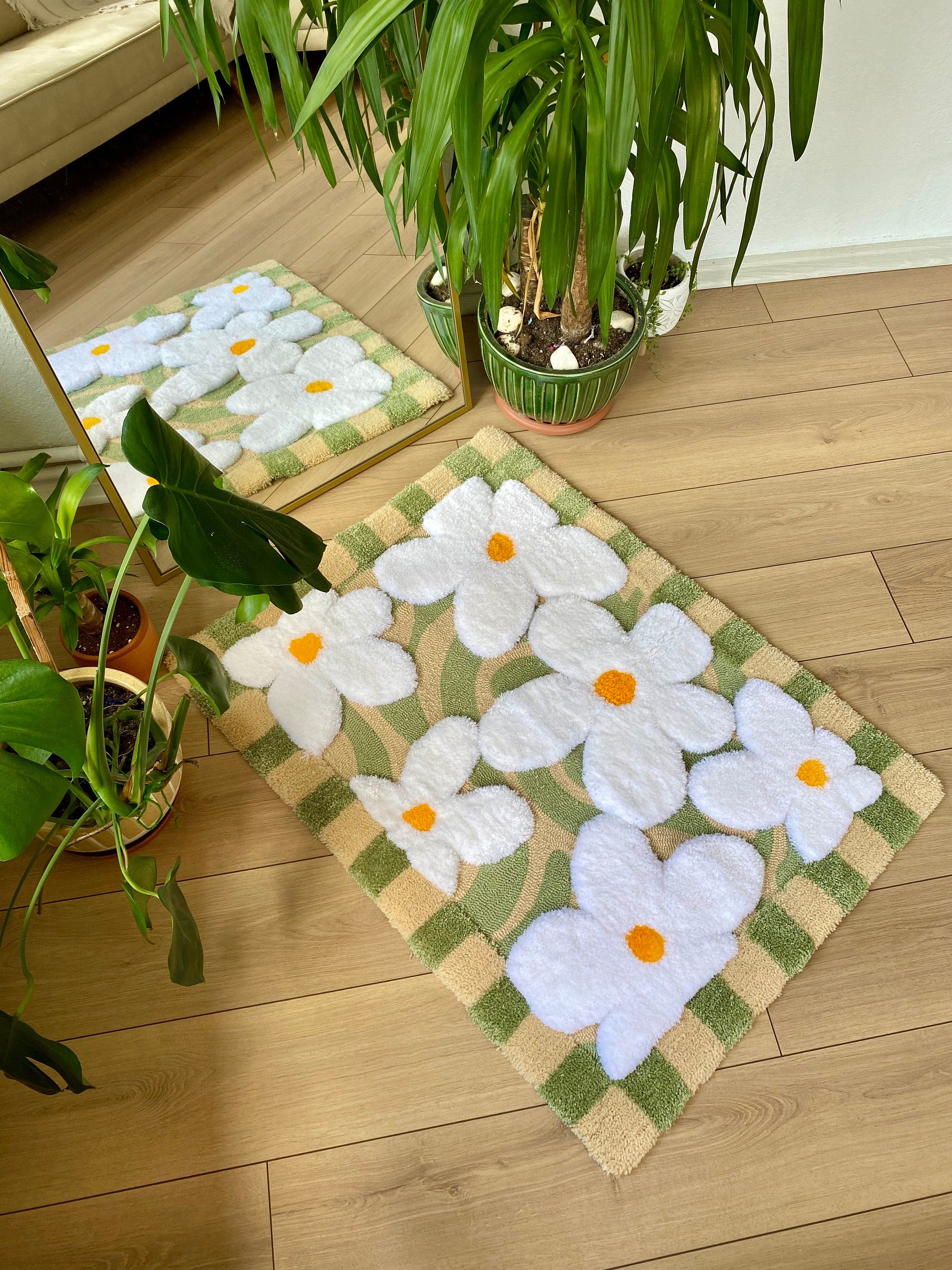 Abstract 3D Checkered Daisy Fluffy Handmade Tufted Rug