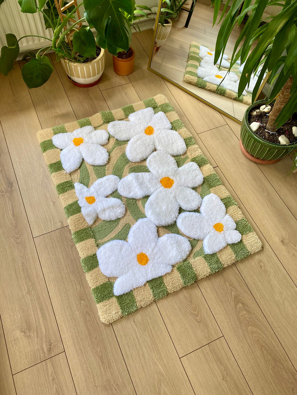 Abstract 3D Checkered Daisy Fluffy Handmade Tufted Rug