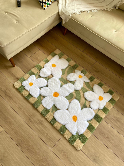 Abstract 3D Checkered Daisy Fluffy Handmade Tufted Rug