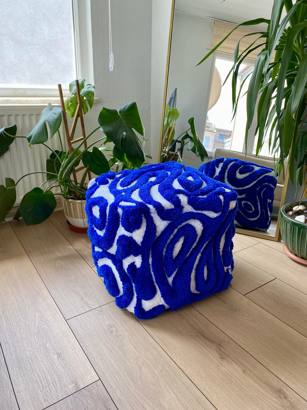OrnnWorks Abstract 3D Tufted Ottoman Pouf Cover Blue & White