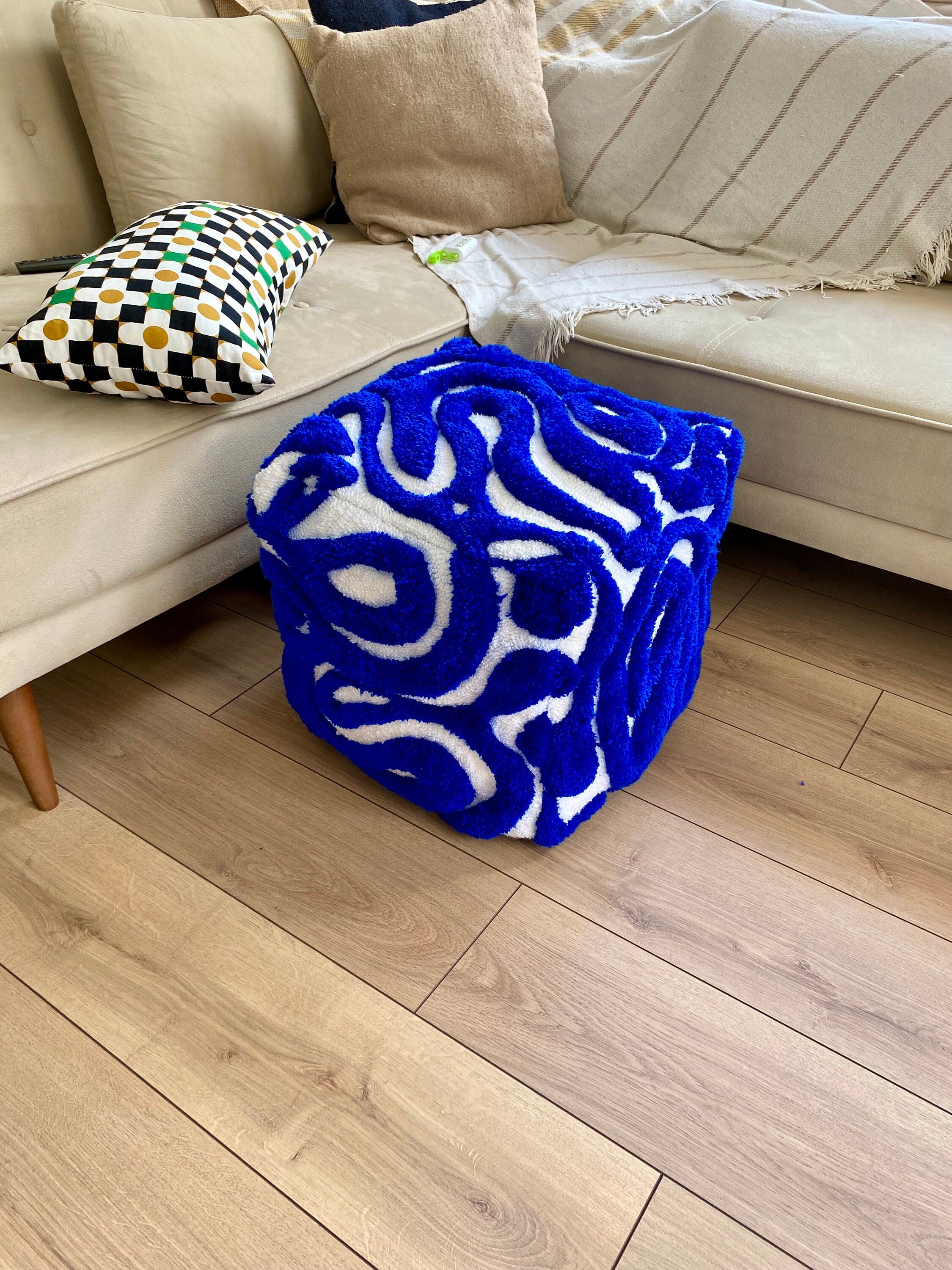 OrnnWorks Abstract 3D Tufted Ottoman Pouf Cover Blue & White