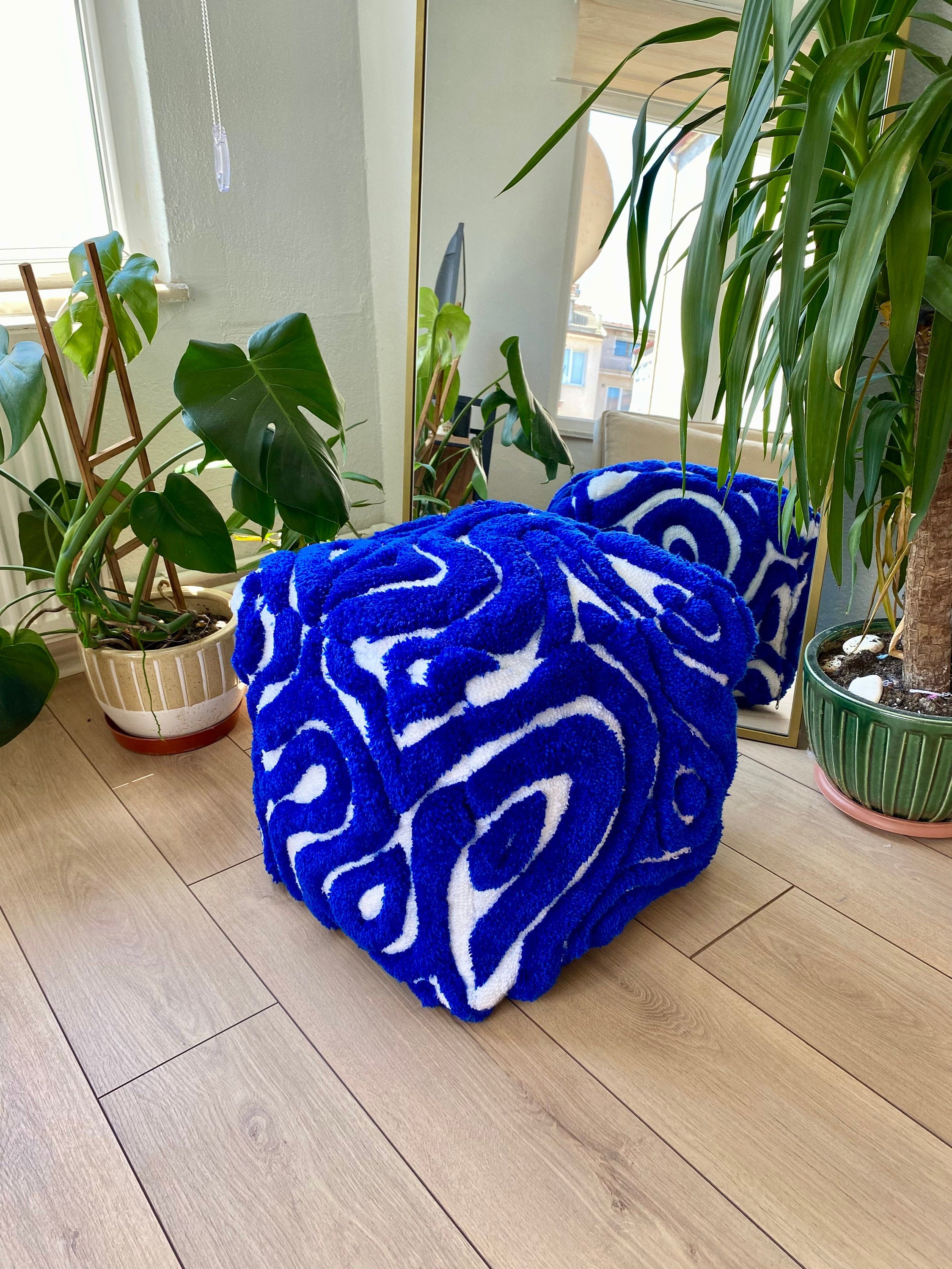 OrnnWorks Abstract 3D Tufted Ottoman Pouf Cover Blue & White