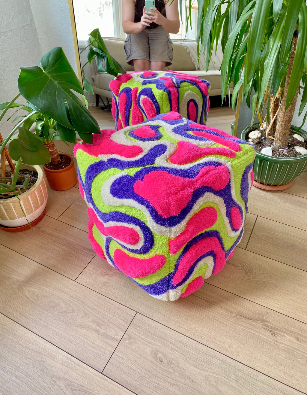 OrnnWorks Coral Abstract 3D Tufted Ottoman Pouf Cover Unstuffed 45cm