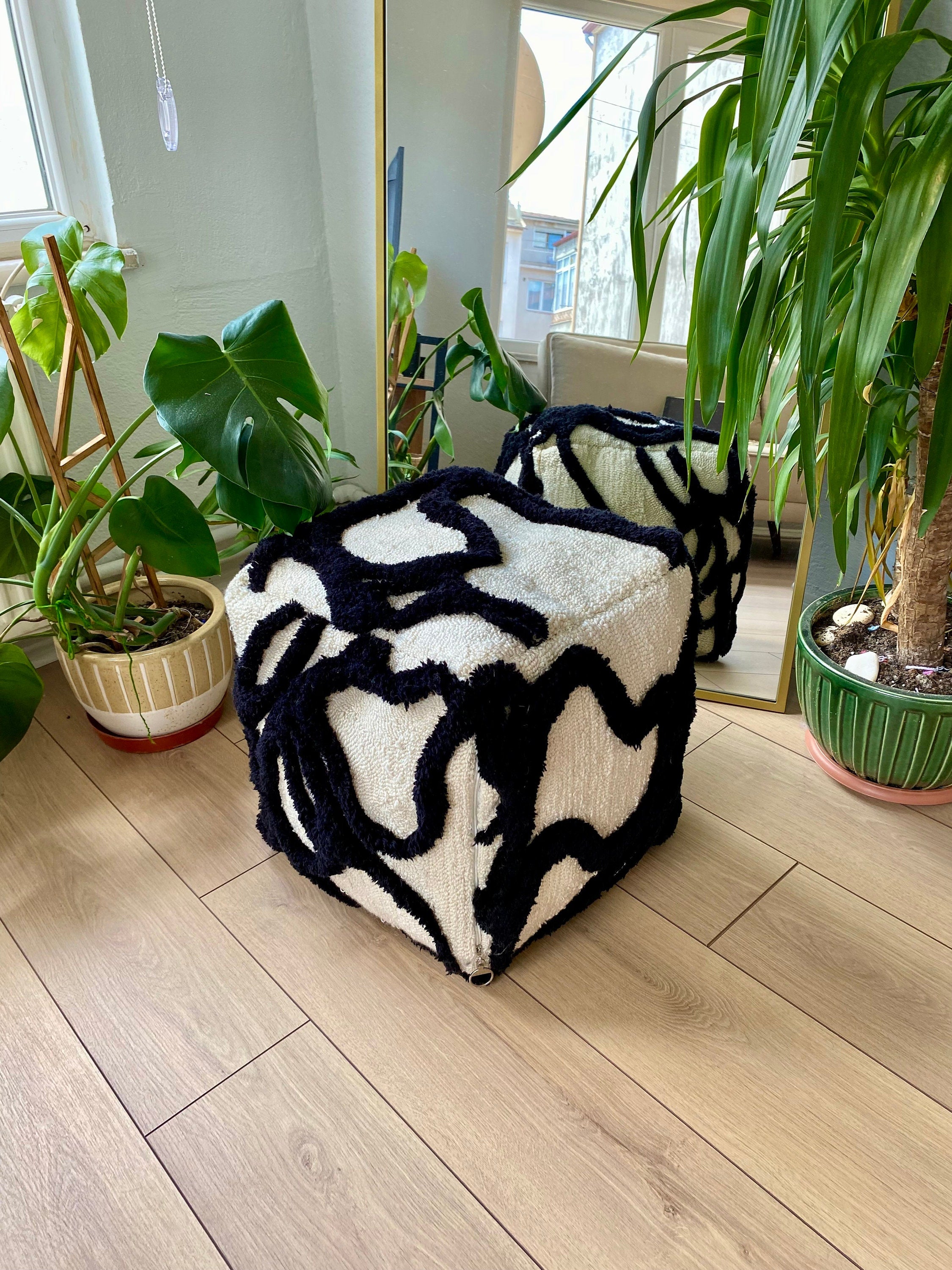 OrnnWorks Gothic Abstract 3D Tufted Ottoman Pouf Cover Black Beige