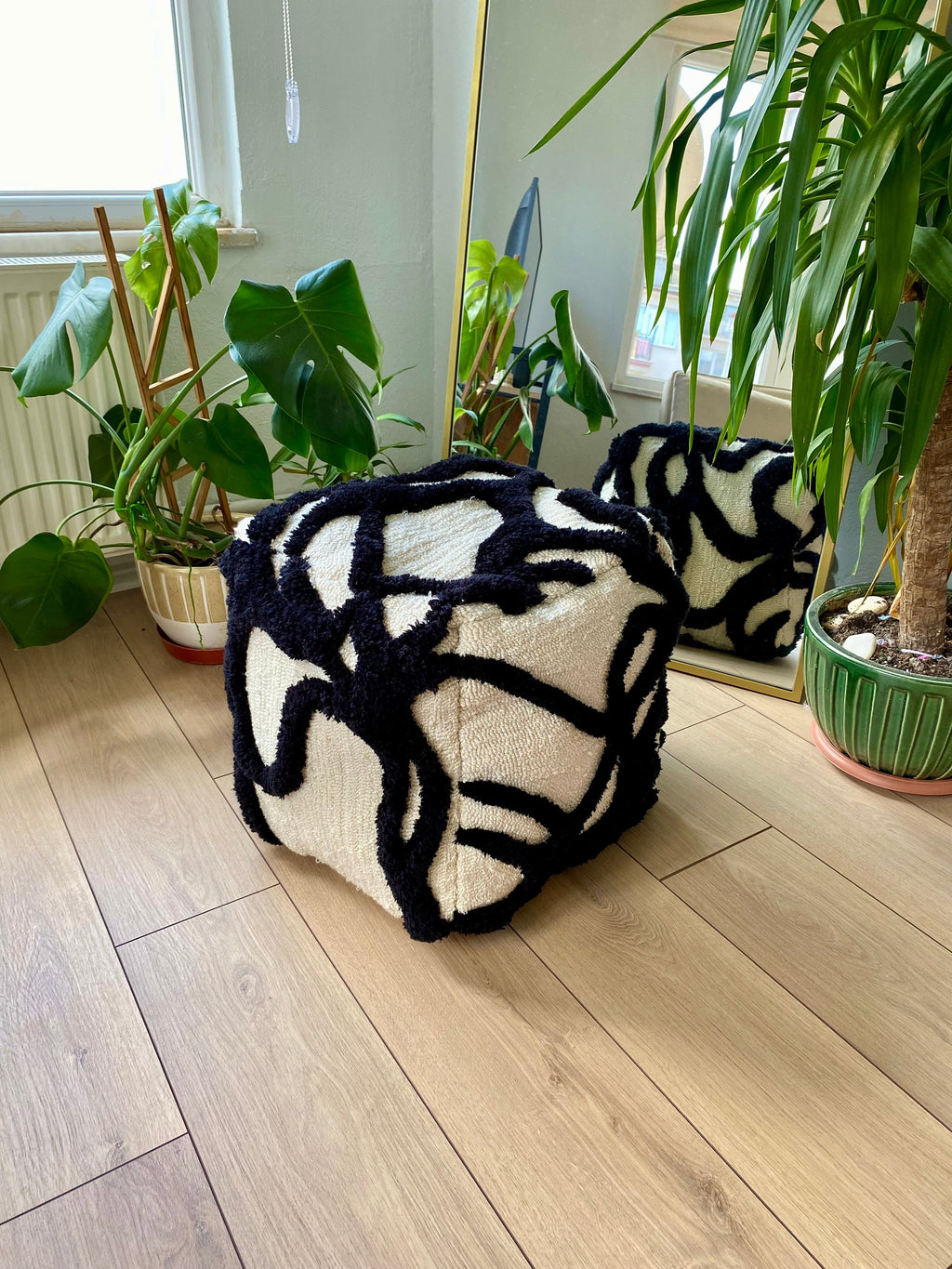 OrnnWorks Gothic Abstract 3D Tufted Ottoman Pouf Cover Black Beige