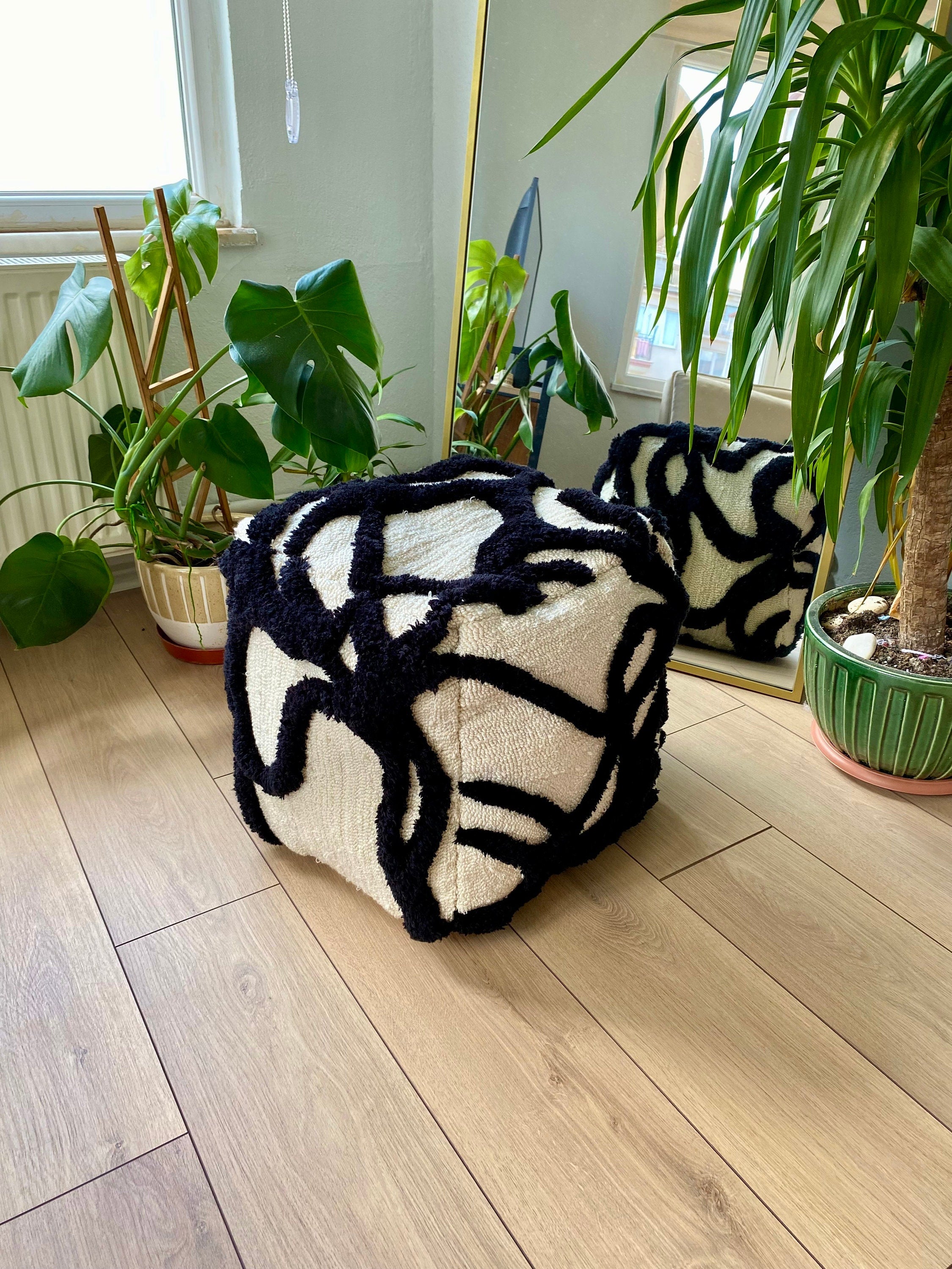 OrnnWorks Gothic Abstract 3D Tufted Ottoman Pouf Cover Black Beige