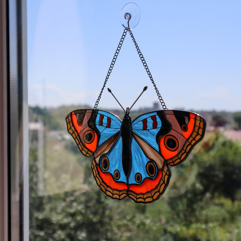 SunStainedGlassUA Blue Buckeye Stained Glass Butterfly Suncatcher 8.5in