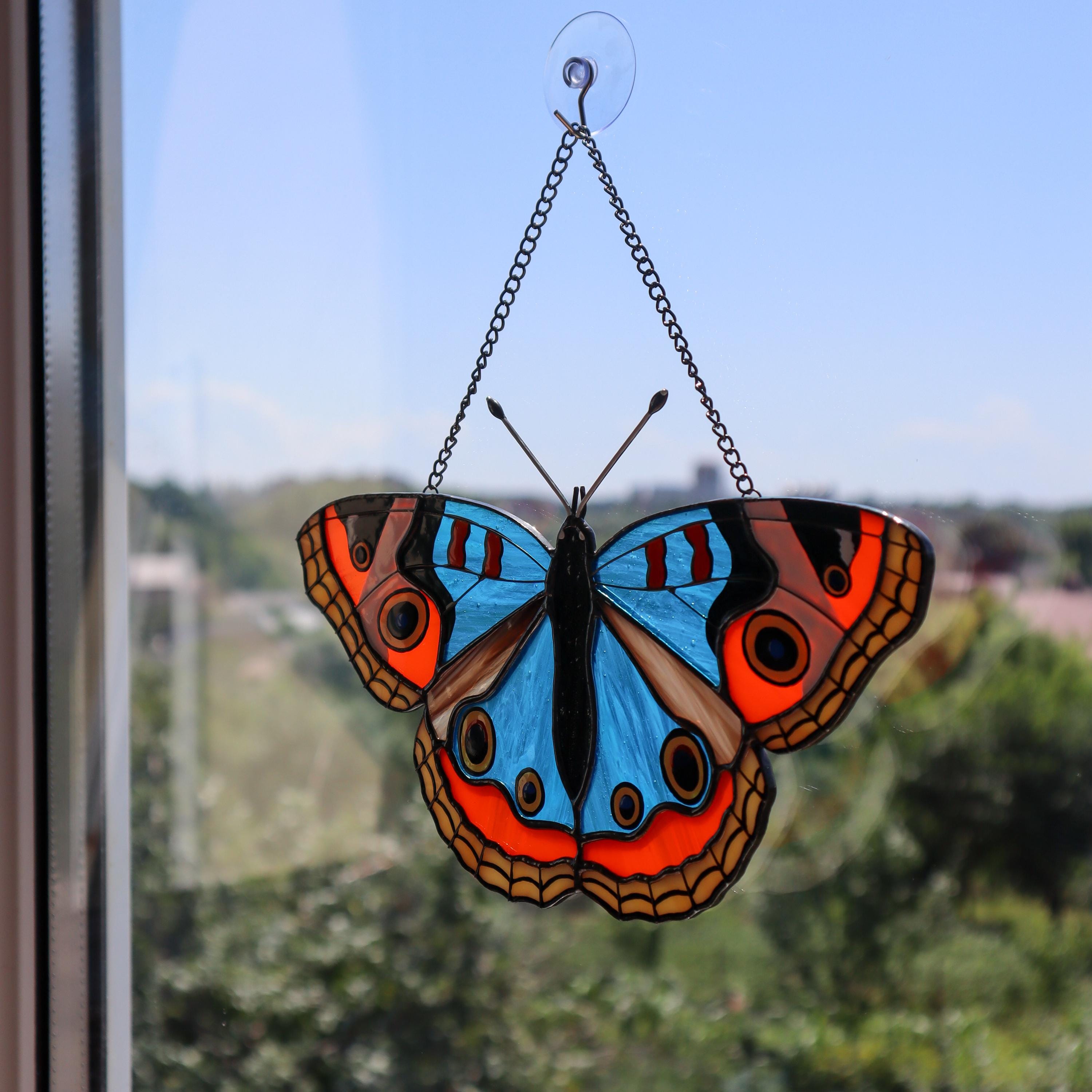 SunStainedGlassUA Blue Buckeye Stained Glass Butterfly Suncatcher 8.5in