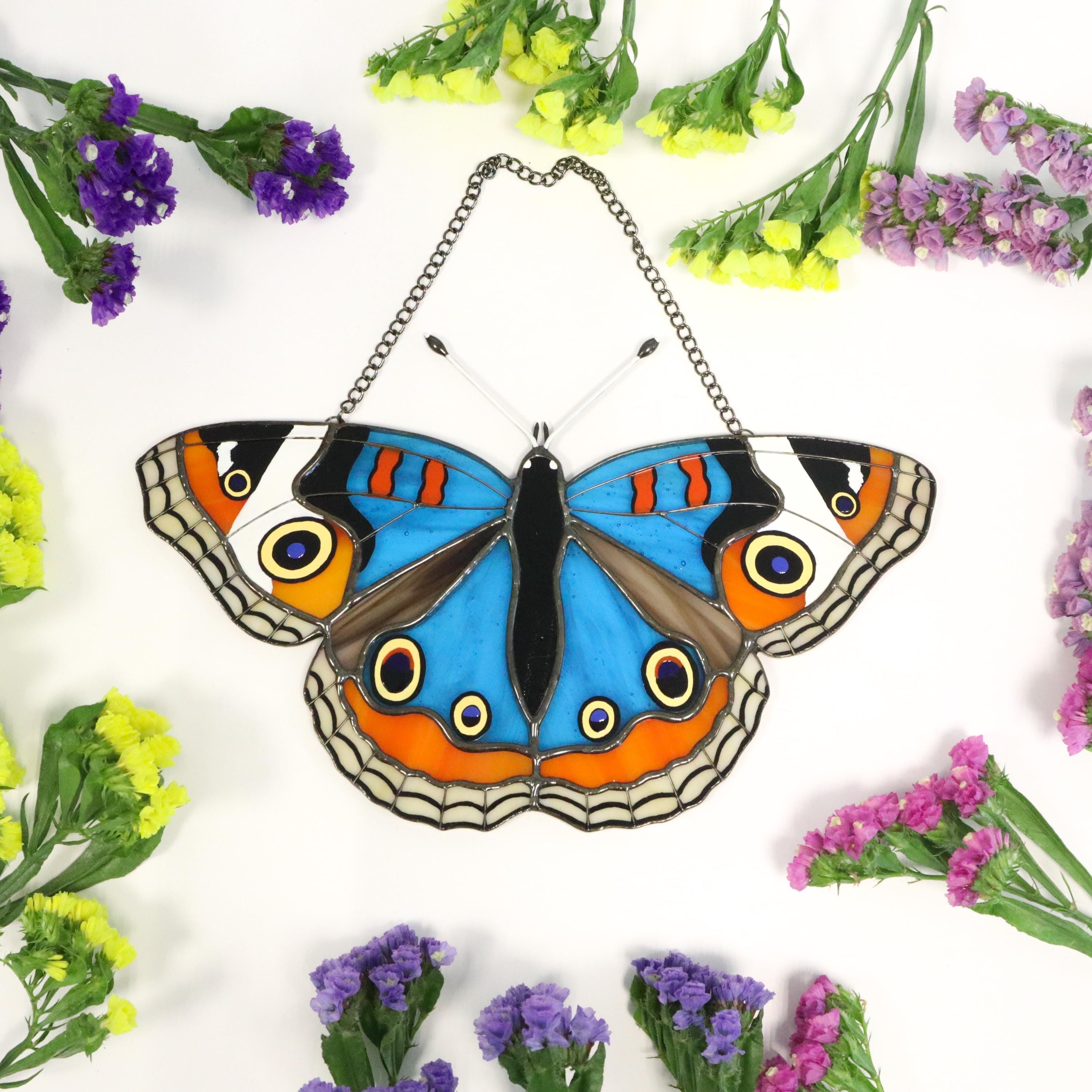 SunStainedGlassUA Blue Buckeye Stained Glass Butterfly Suncatcher 8.5in