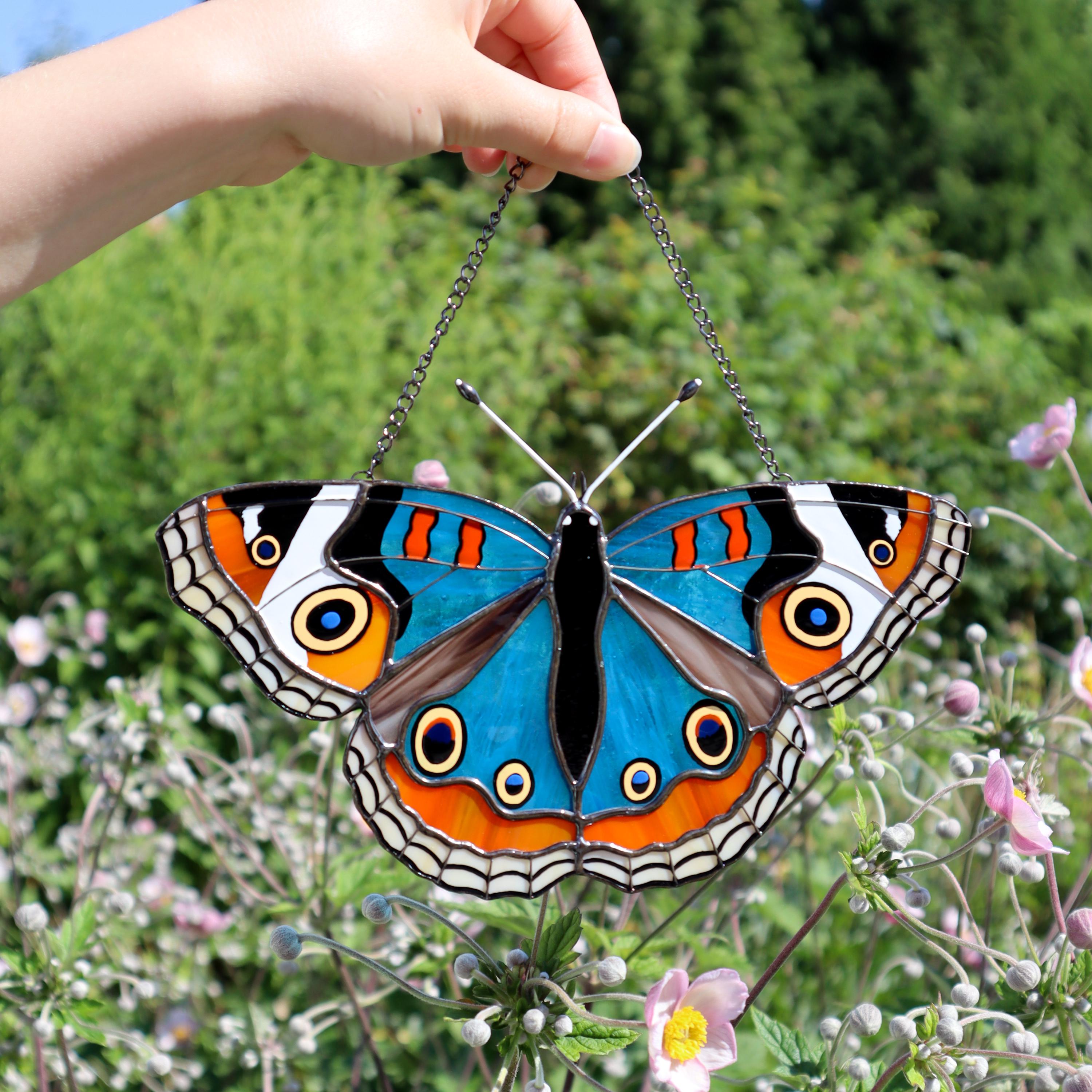 SunStainedGlassUA Blue Buckeye Stained Glass Butterfly Suncatcher 8.5in