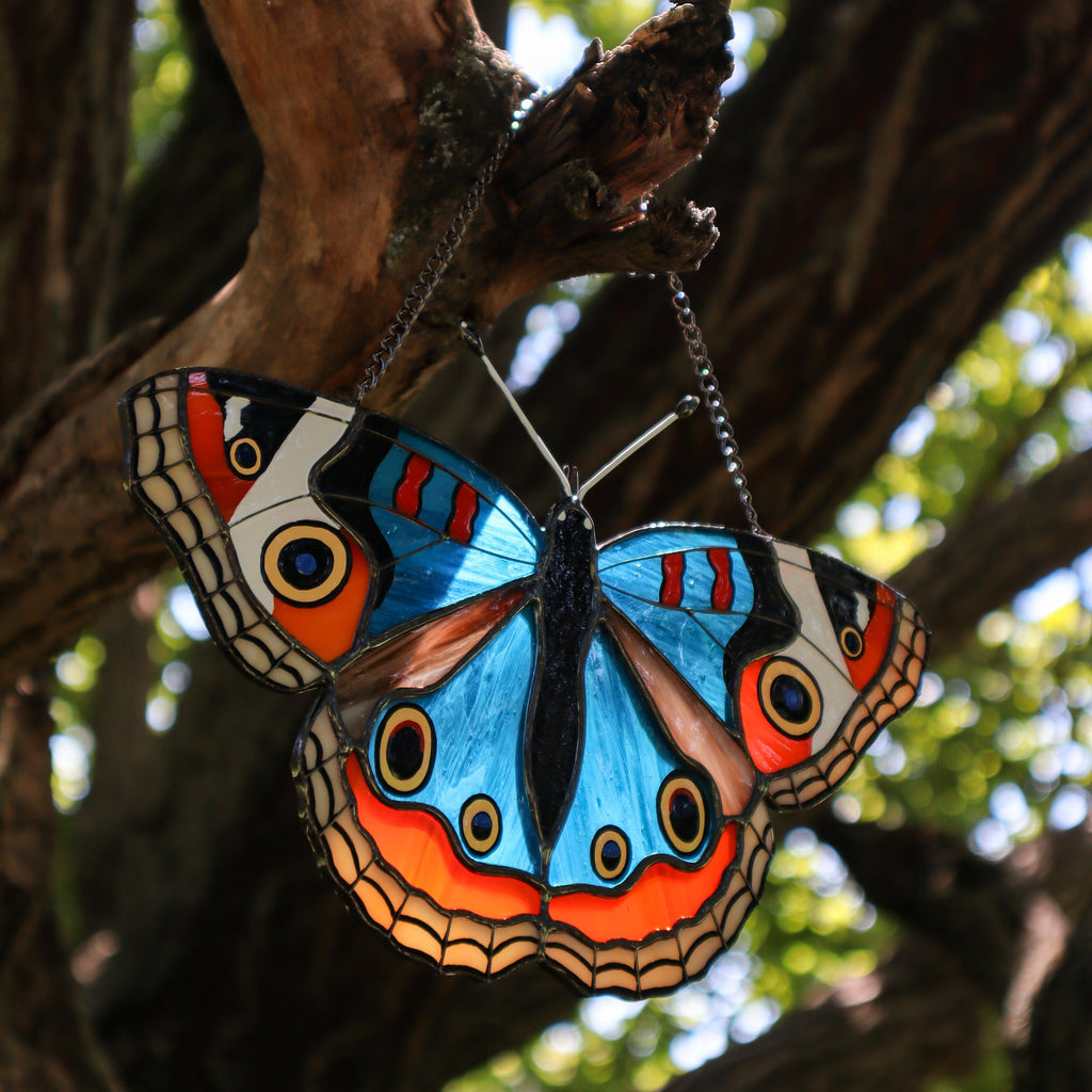 SunStainedGlassUA Blue Buckeye Stained Glass Butterfly Suncatcher 8.5in